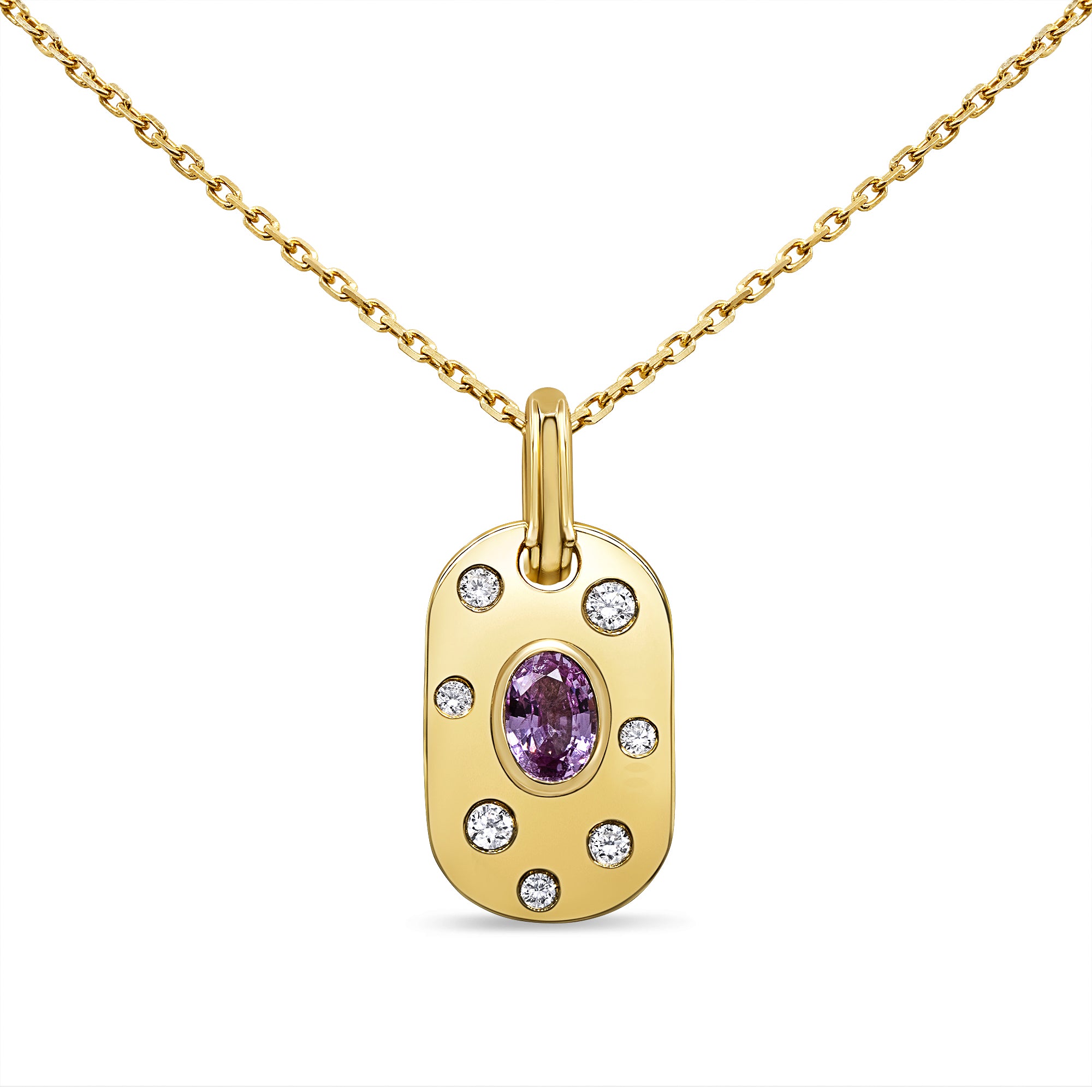 14K yellow gold charm featuring a pear-shaped pink sapphire with a round brilliant diamond halo.