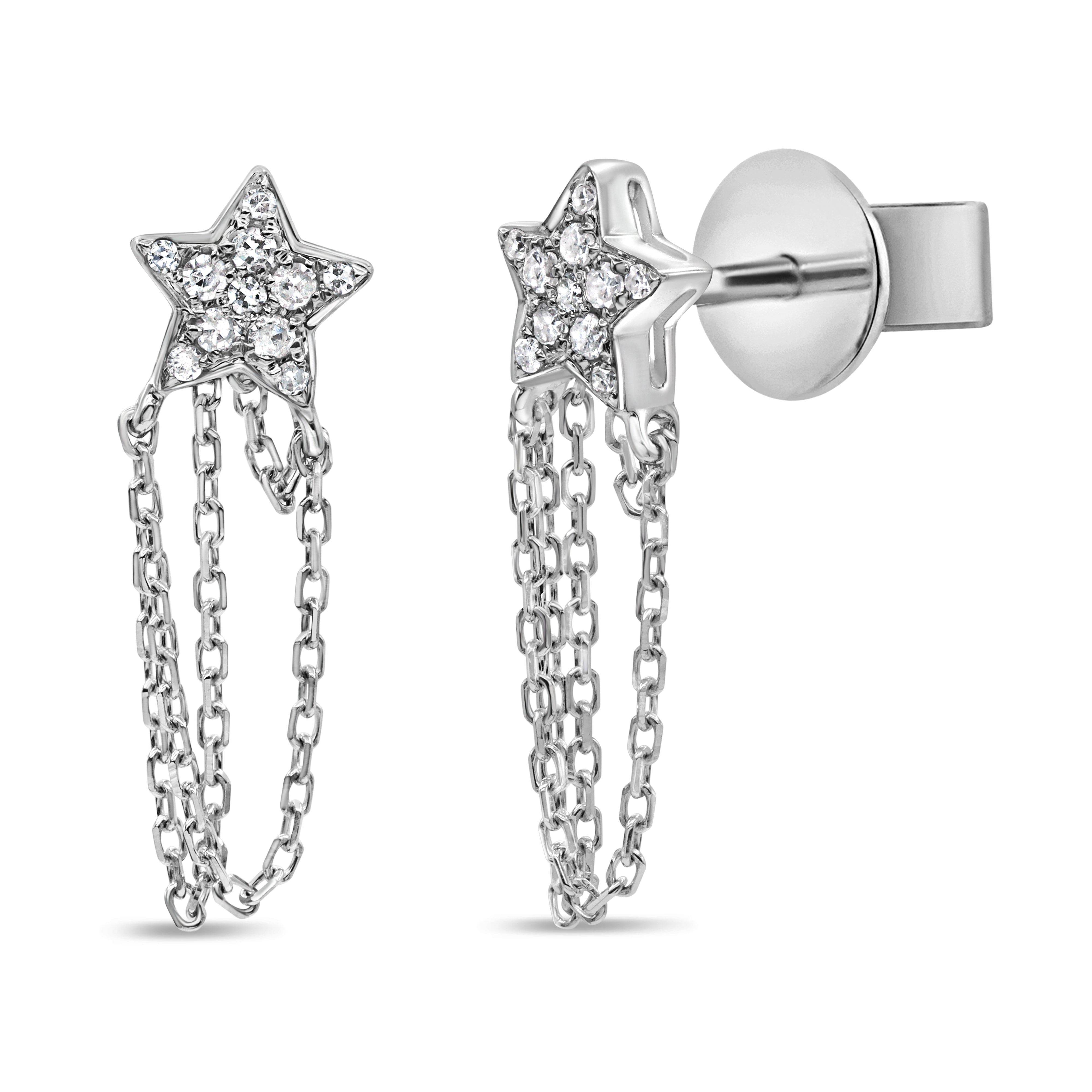 Star and chain diamond stud earrings in 14K gold featuring pavé star details with cascading chain drops in a delicate, modern design.