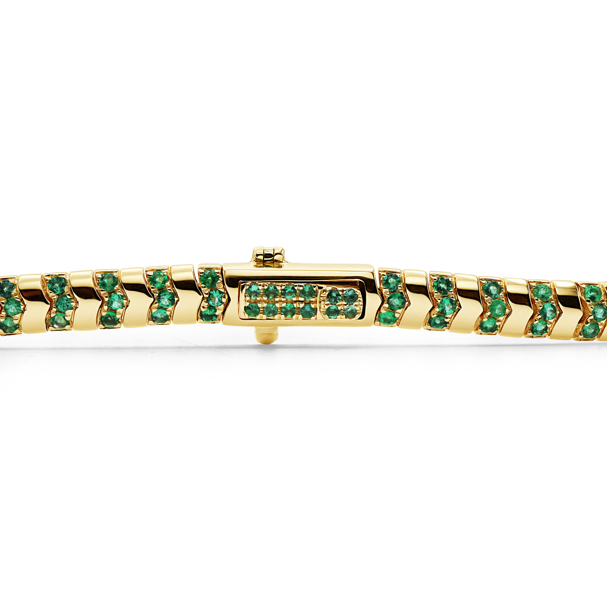14K gold chevron bracelet with vibrant green emeralds arranged in a V-shaped design.