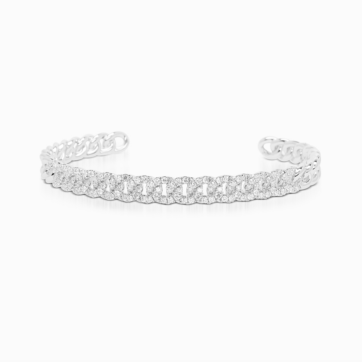 Modern Cuban link cuff bracelet with polished interlocking links.