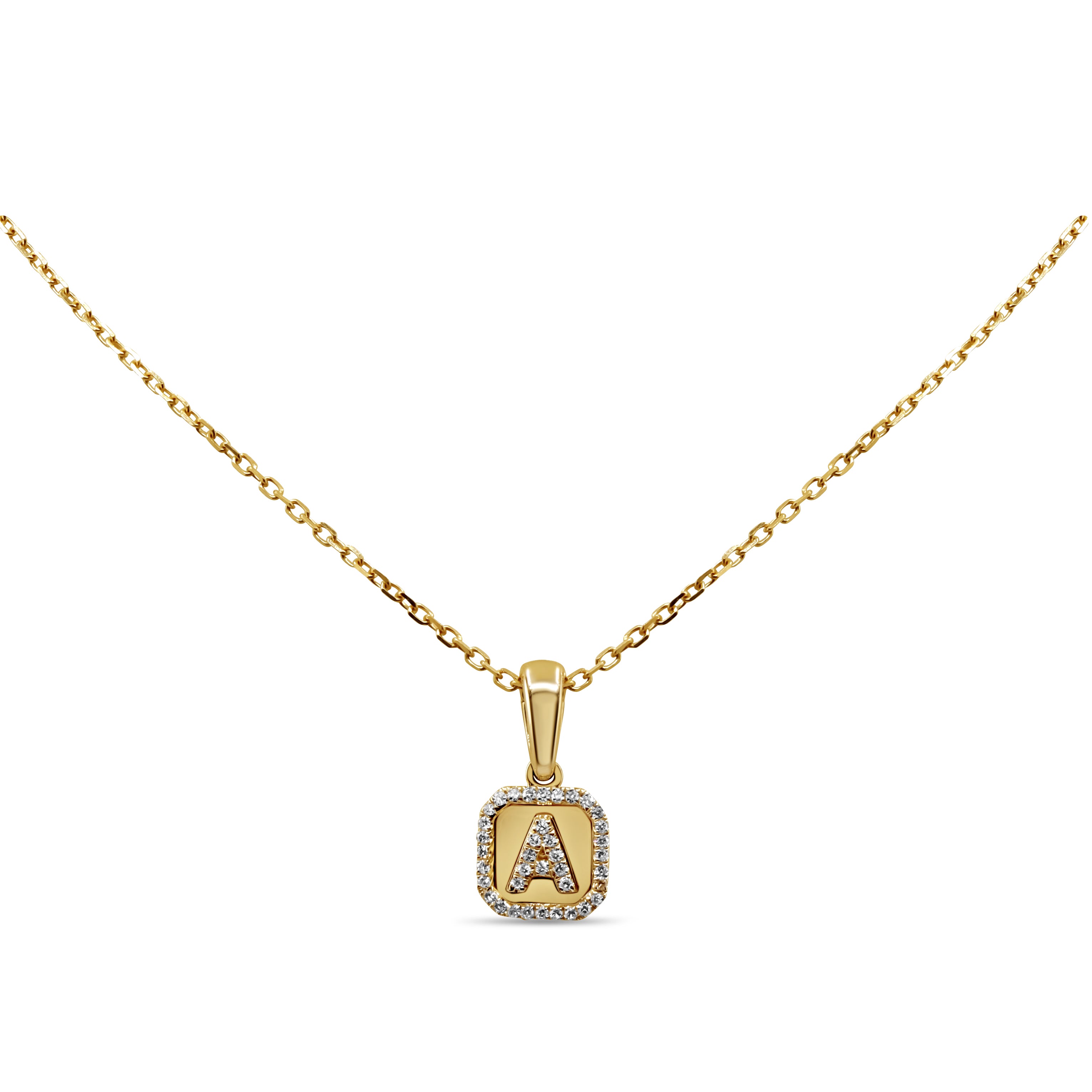 Diamond border initial pendant in 14K gold featuring round brilliant diamonds in a personalized, elegant design.