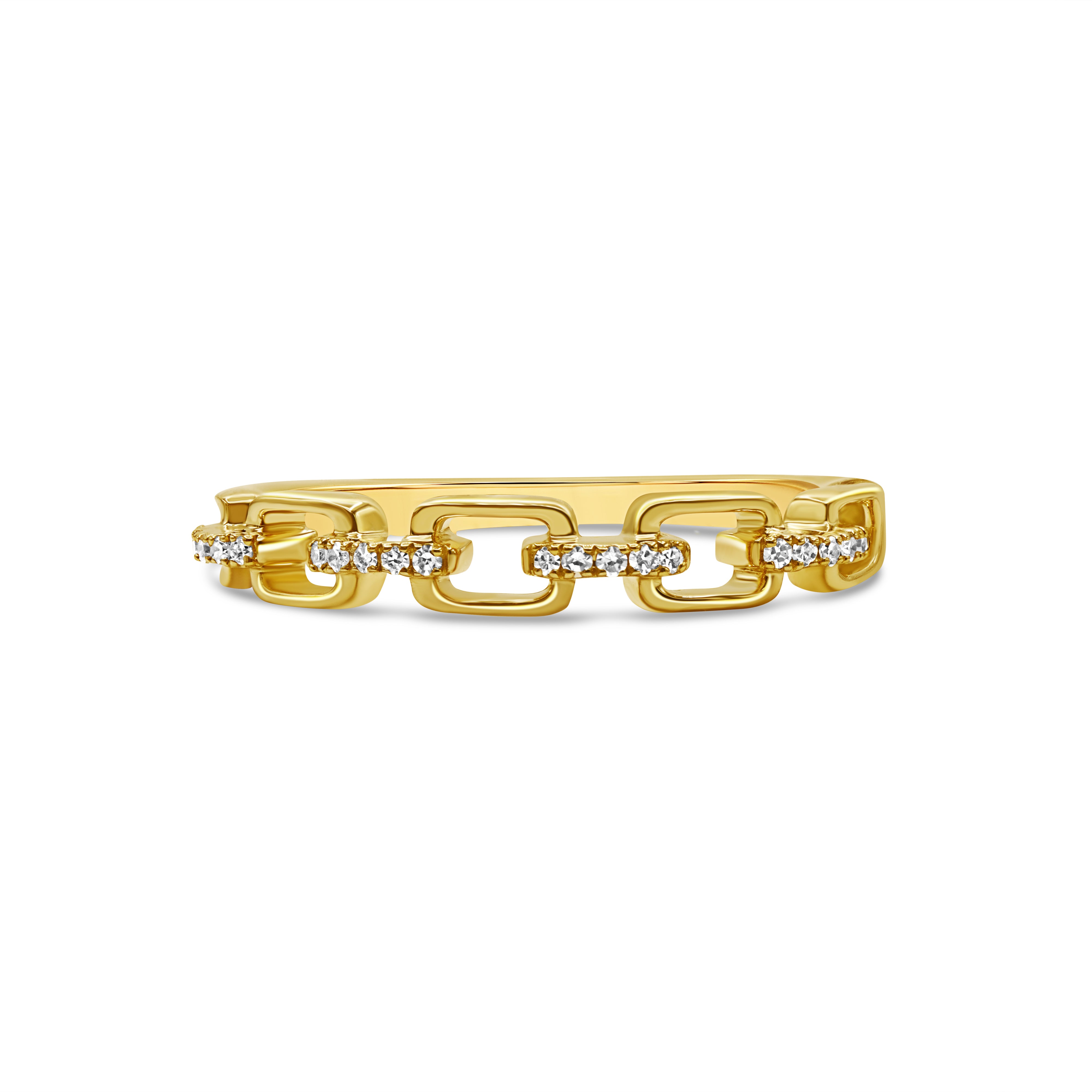 14K gold stackable ring featuring an interlocking link motif with pavé-set round diamonds.