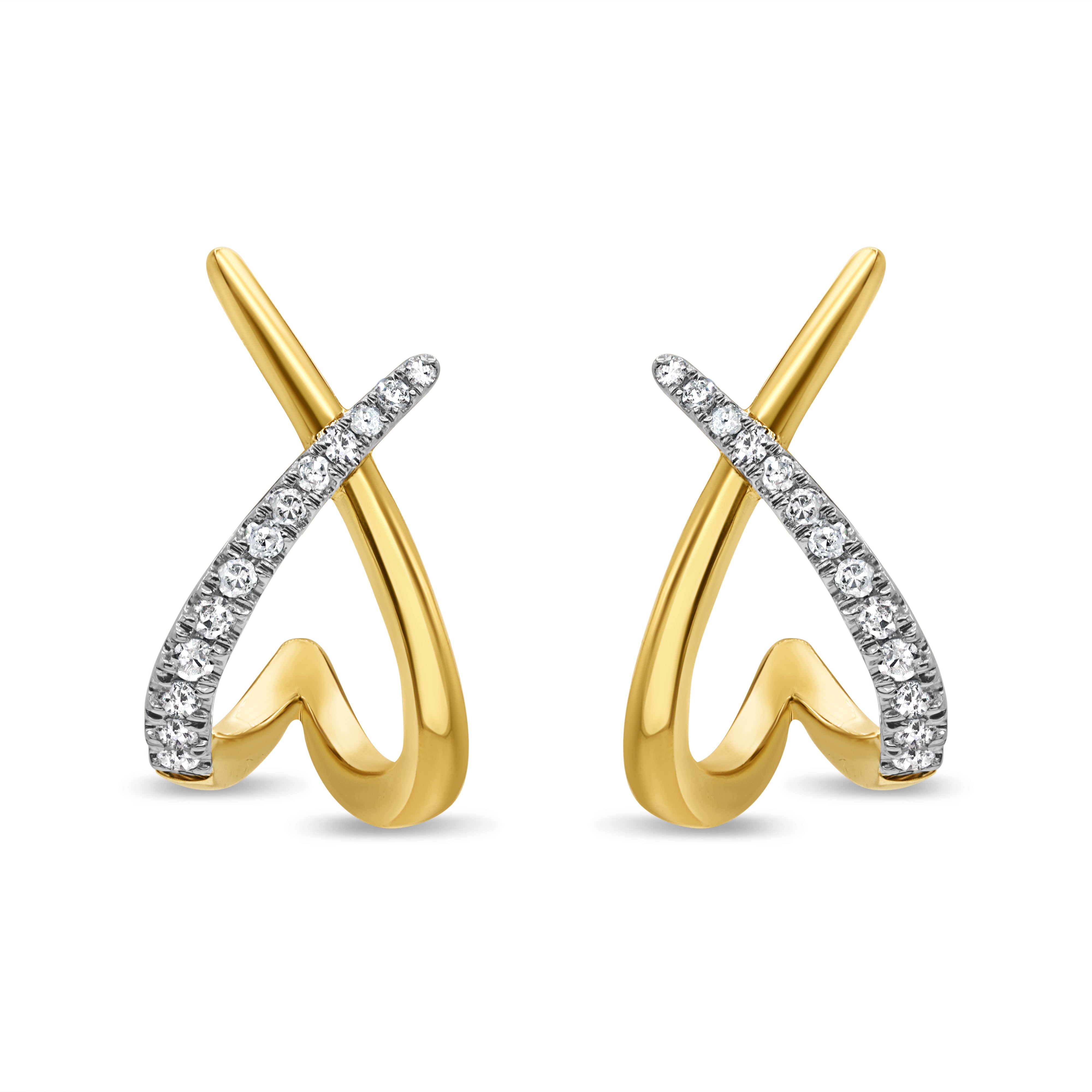 14K yellow gold hoop earrings featuring an X crossover design with sparkling round brilliant diamonds.