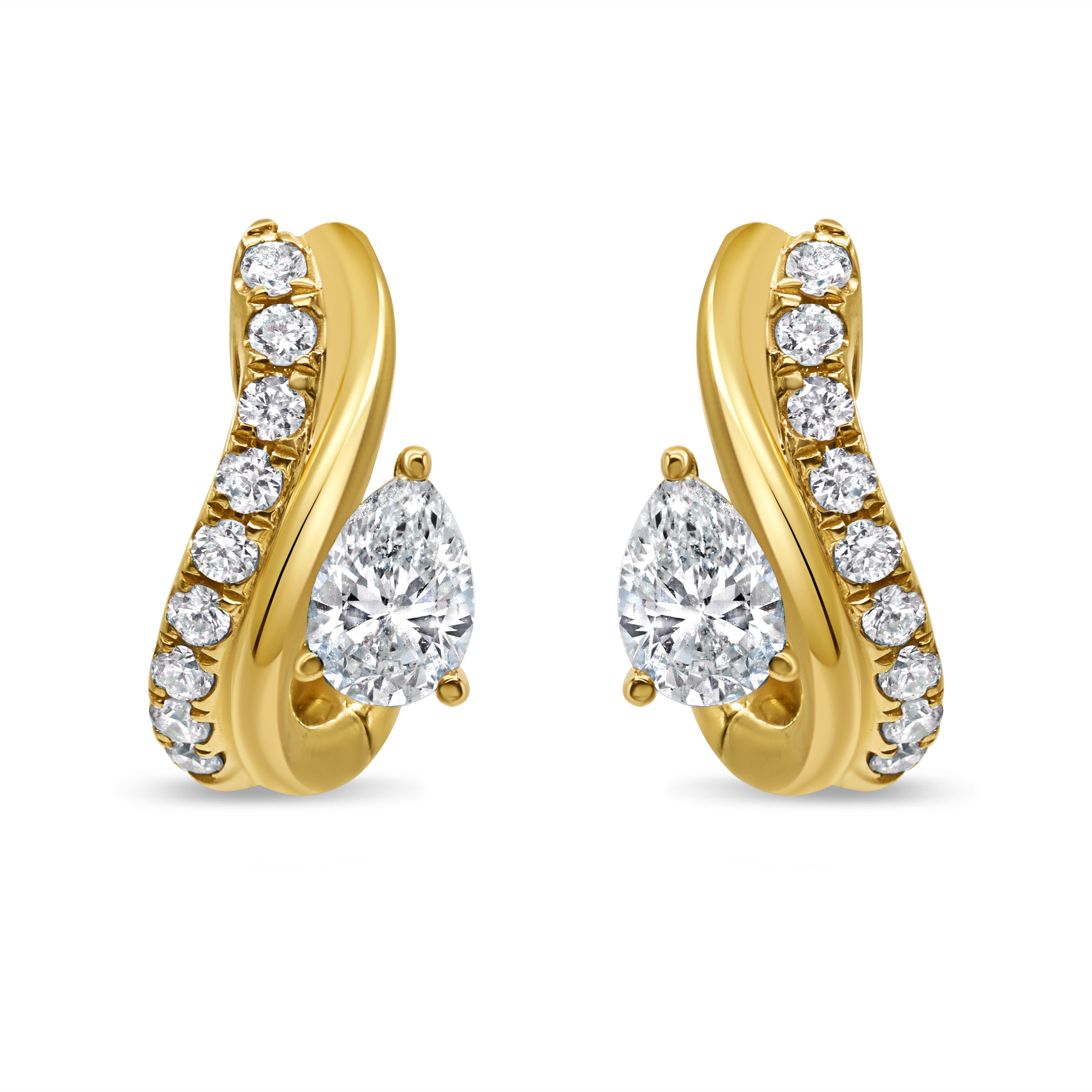 18K yellow gold huggie earrings featuring pear-shaped diamonds with round brilliant diamond accents in a refined design.