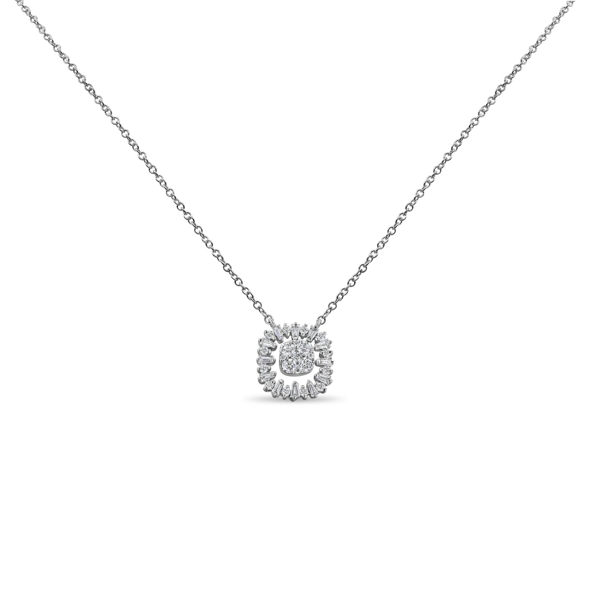 14K gold pendant featuring floating baguette diamonds with a round diamond center cluster.