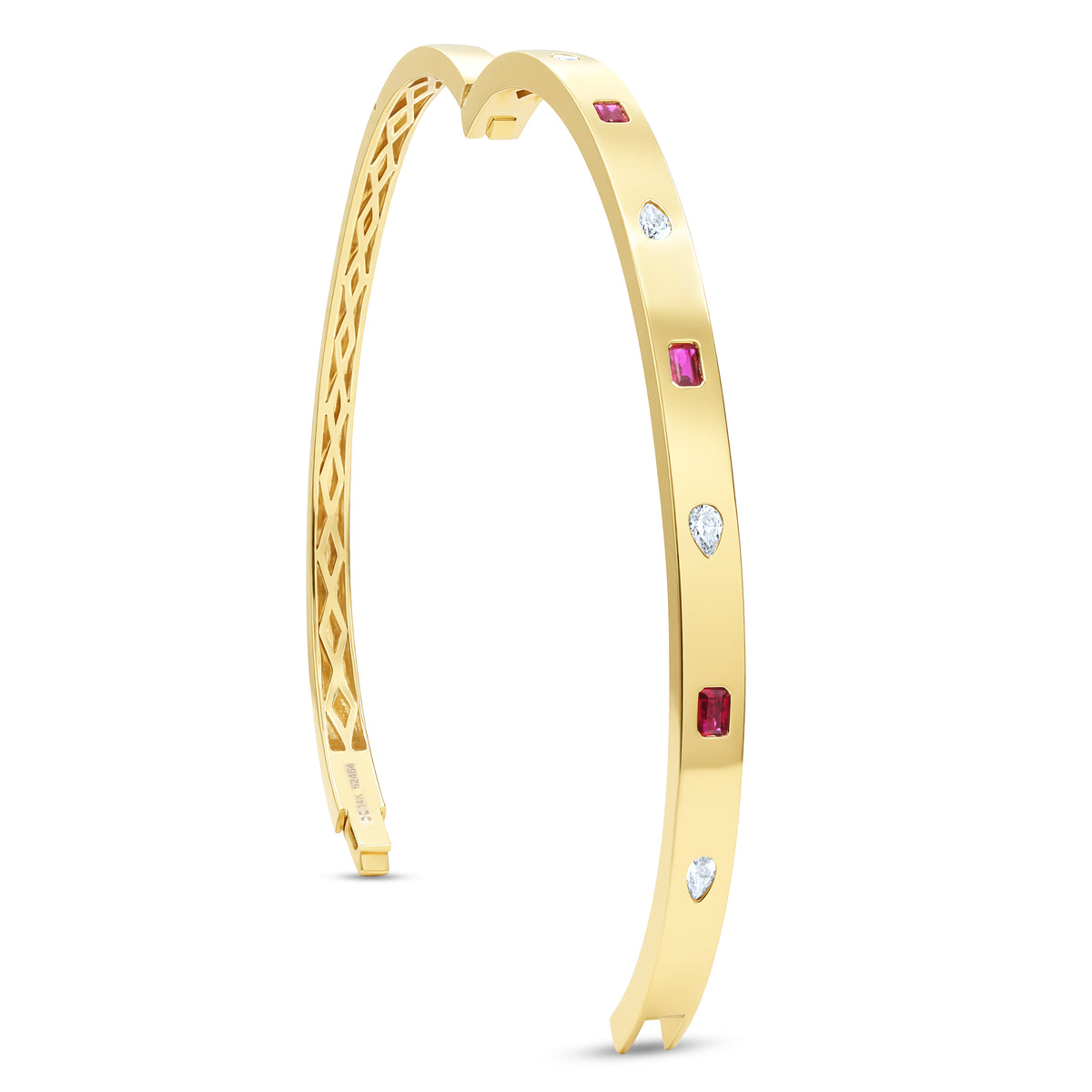 Ruby and pear diamond inlaid bangle crafted in 14K gold.