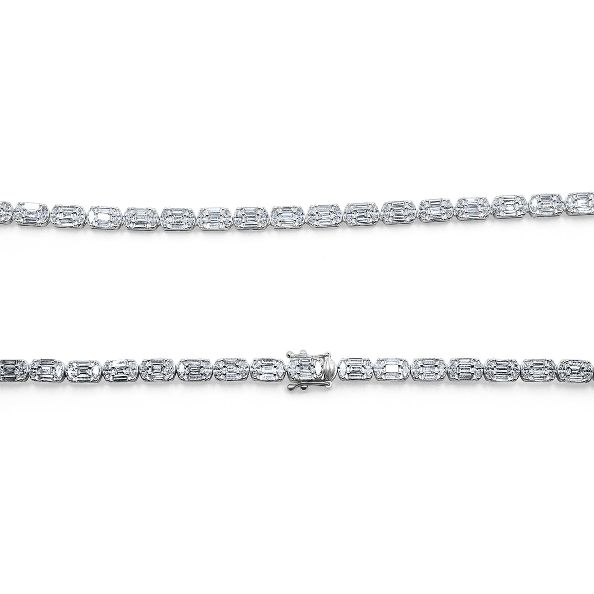 14K white gold illusion emerald cut necklace with baguette and marquise diamond accents.