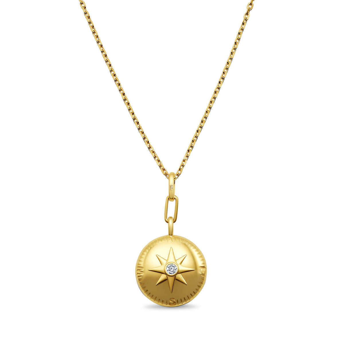 14K yellow gold compass charm necklace featuring a round diamond at the center of a classic compass motif.