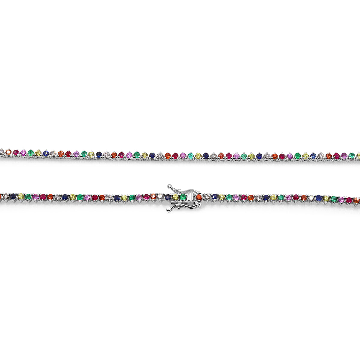 18K white gold multi-color sapphire tennis necklace with alternating vibrant gemstones.