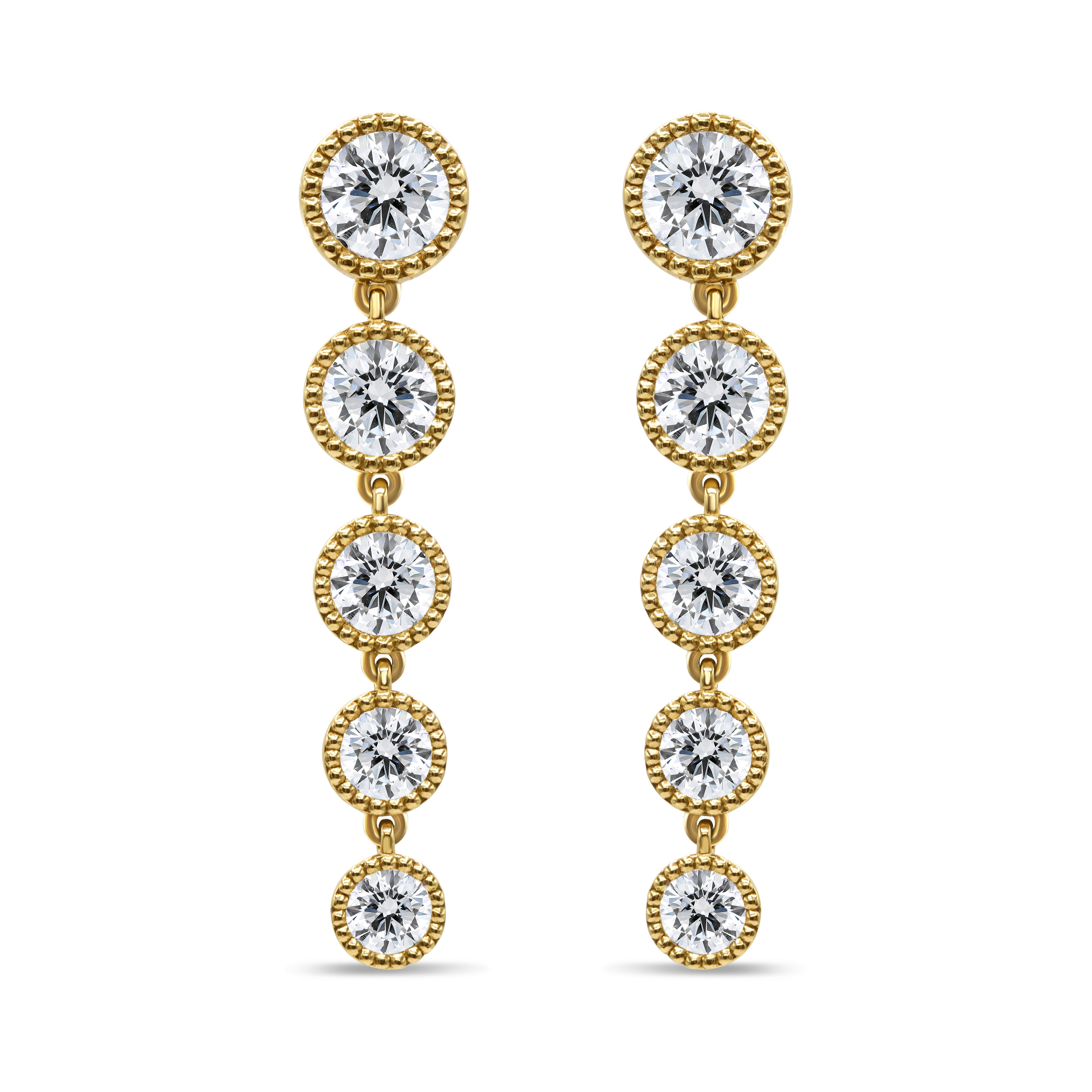 14K yellow gold drop earrings featuring graduated bezel-set lab-grown round diamonds with milgrain edging.