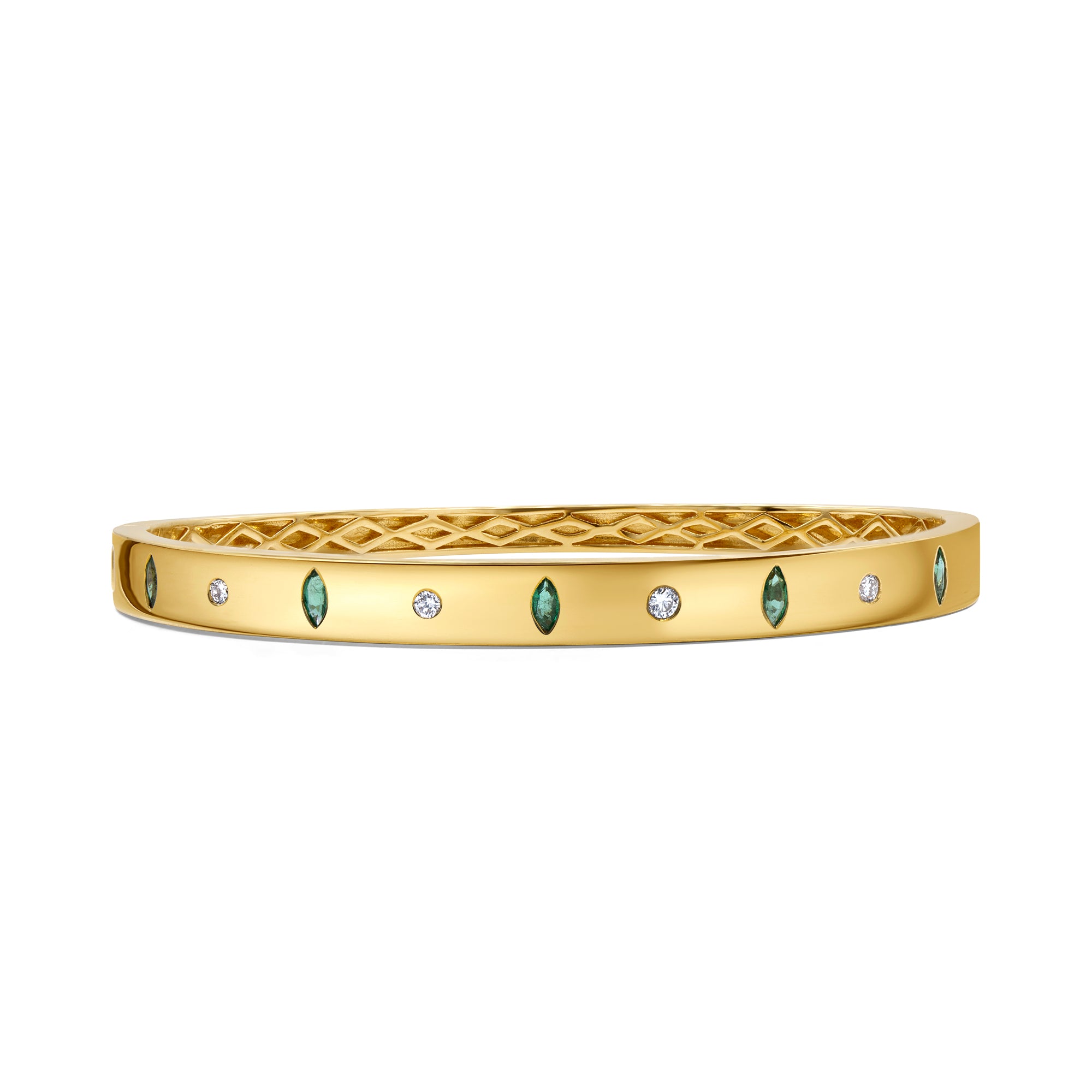 Elegant emerald and diamond bracelet with a modern inlay setting in 14K gold.
