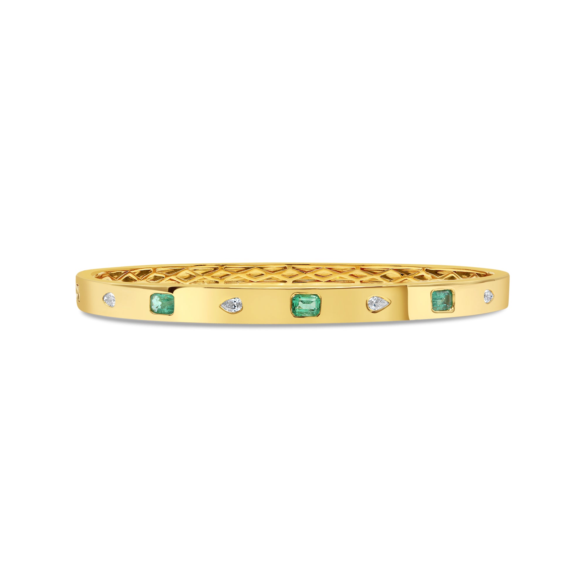 14K gold inlay bangle featuring green emeralds and pear-shaped diamonds in an elegant alternating design.