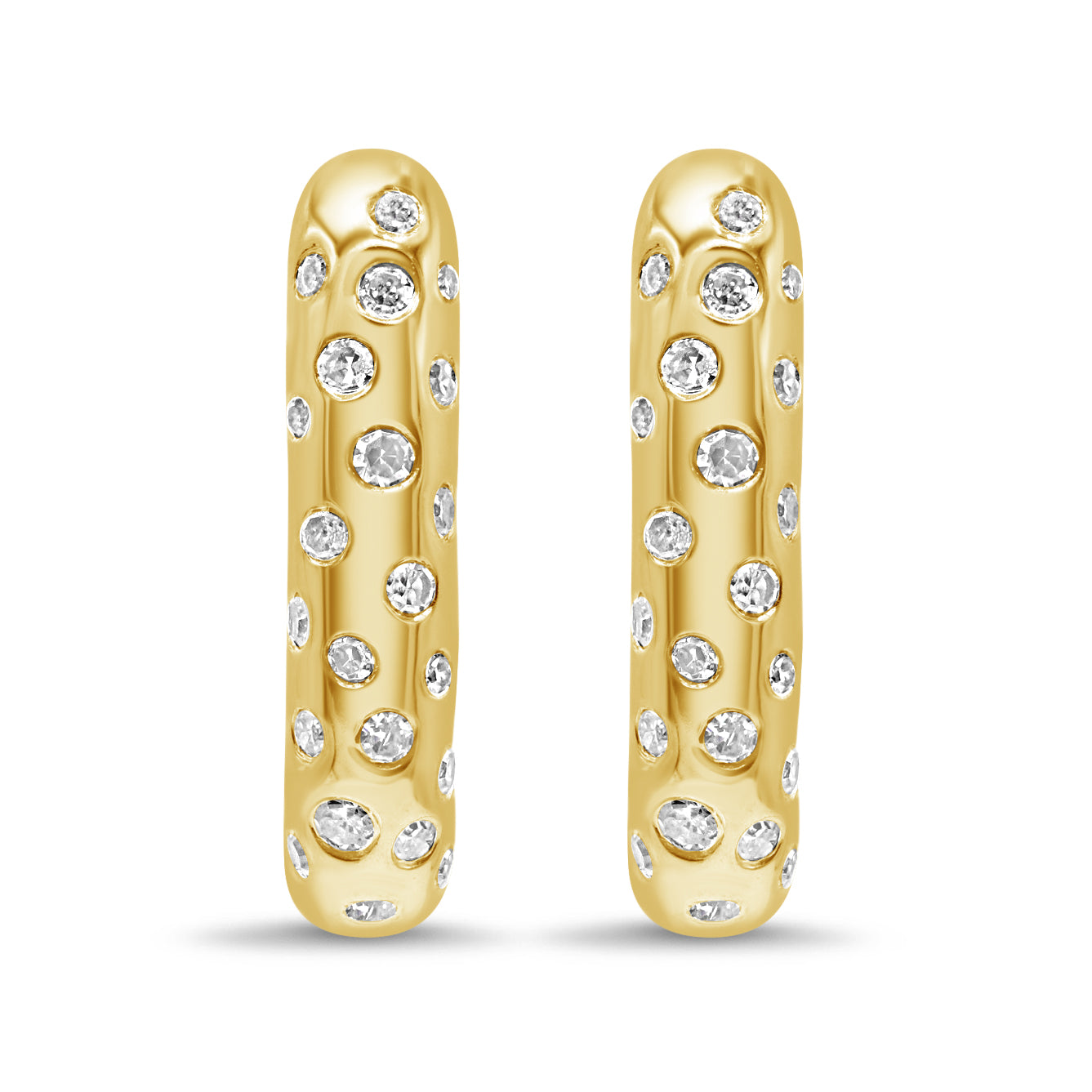14K yellow gold huggie earrings featuring inset round brilliant diamonds in a refined, minimalist design.