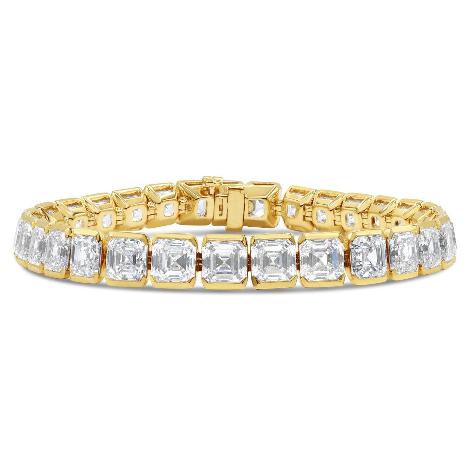 Lab grown Asscher cut semi-bezel diamond tennis bracelet in 14K yellow gold featuring Asscher cut diamonds in a modern semi-bezel setting.