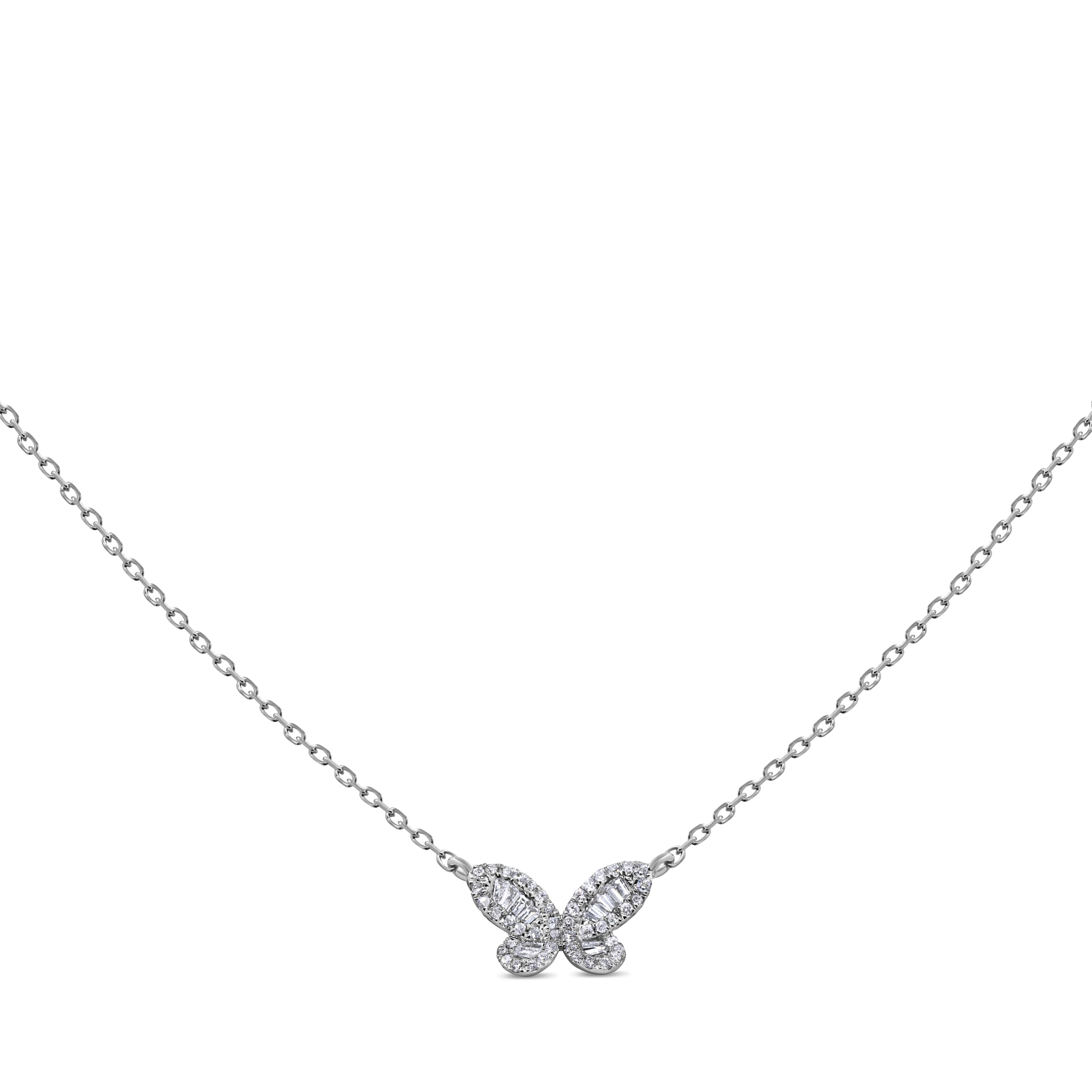 14K white gold butterfly pendant featuring baguette and round brilliant diamonds in a feminine design.