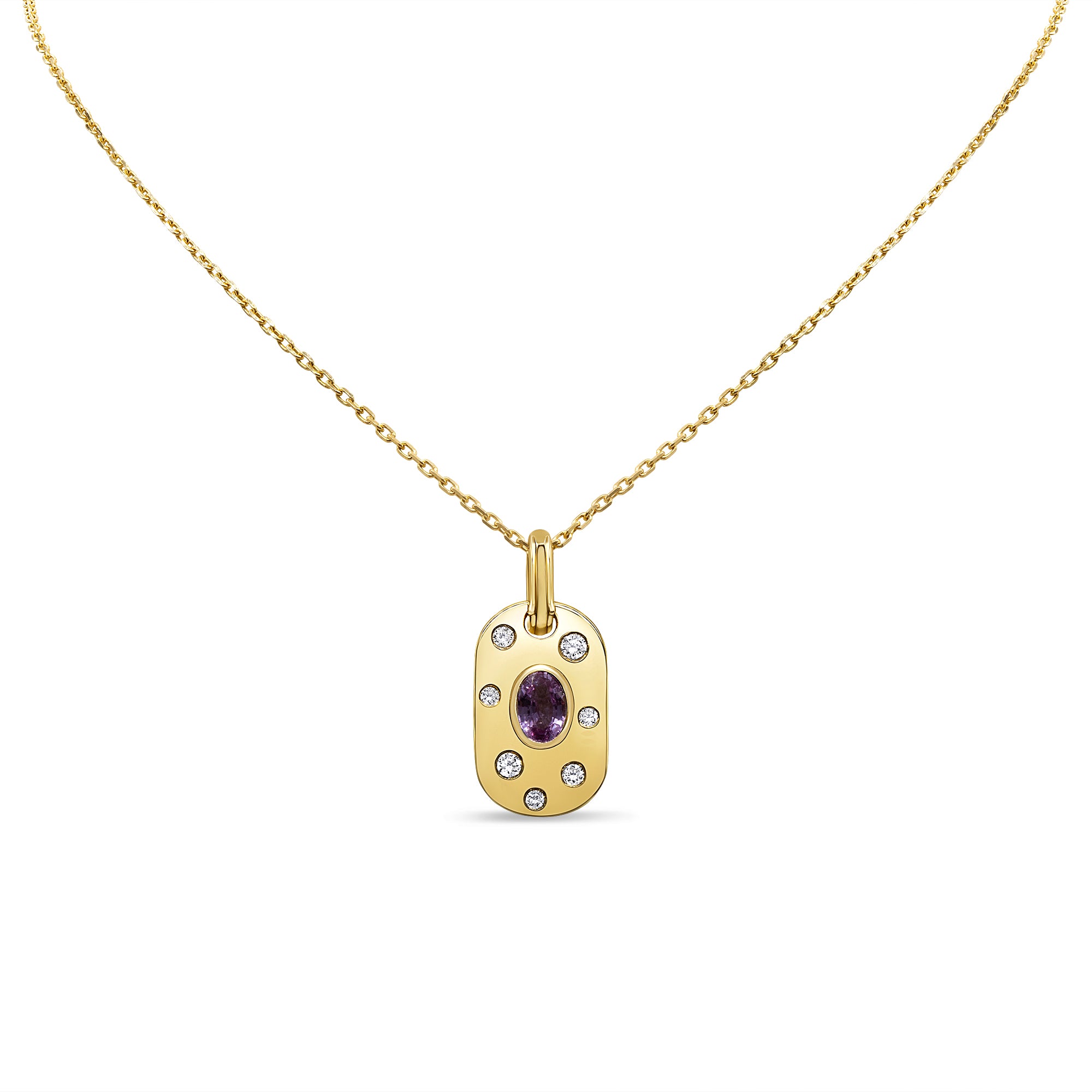 Pink sapphire and diamond charm in 14K yellow gold featuring a pear-shaped sapphire with a round diamond halo in an elegant, feminine design.