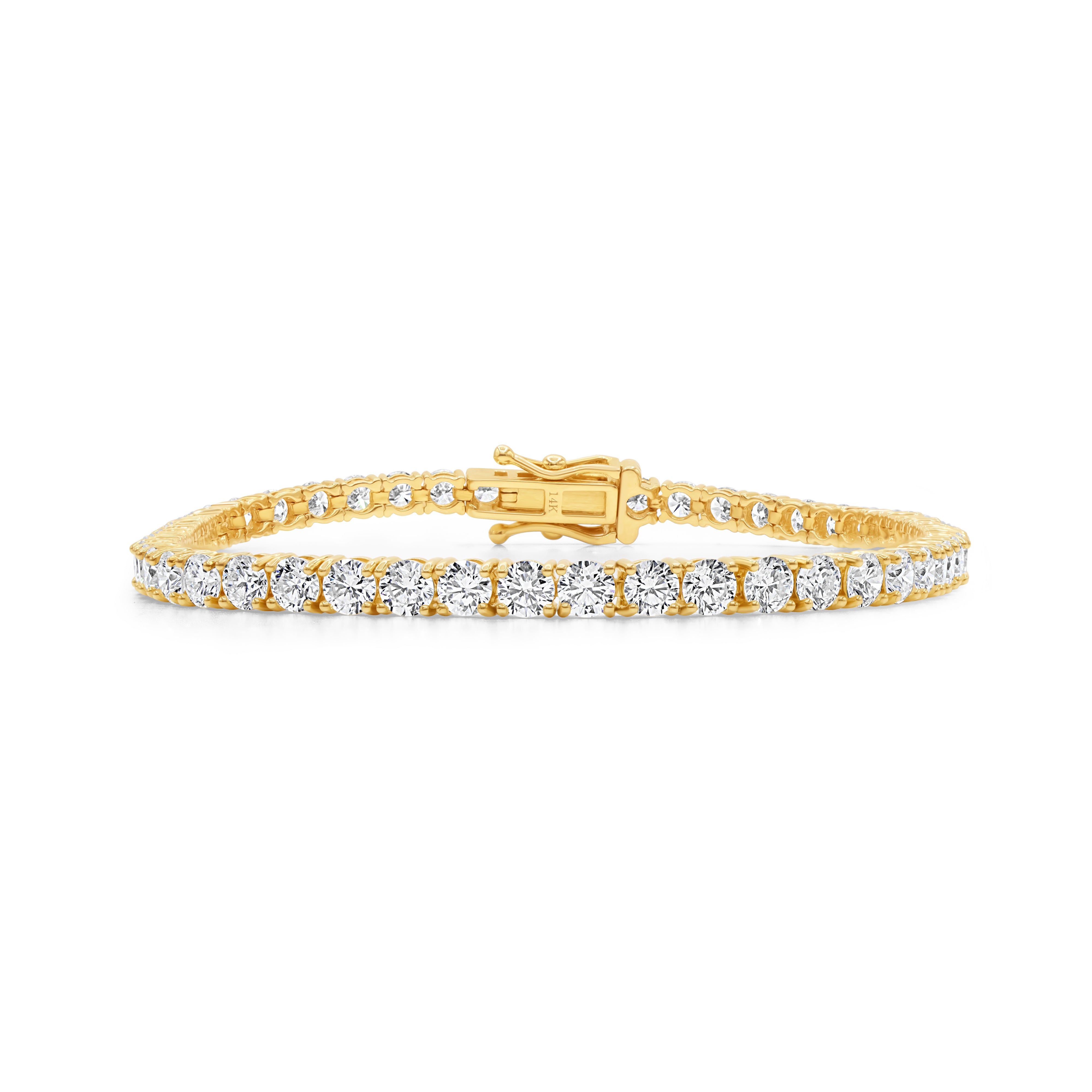 14K yellow gold tennis bracelet featuring prong-set round cut diamonds in an elegant, timeless design.