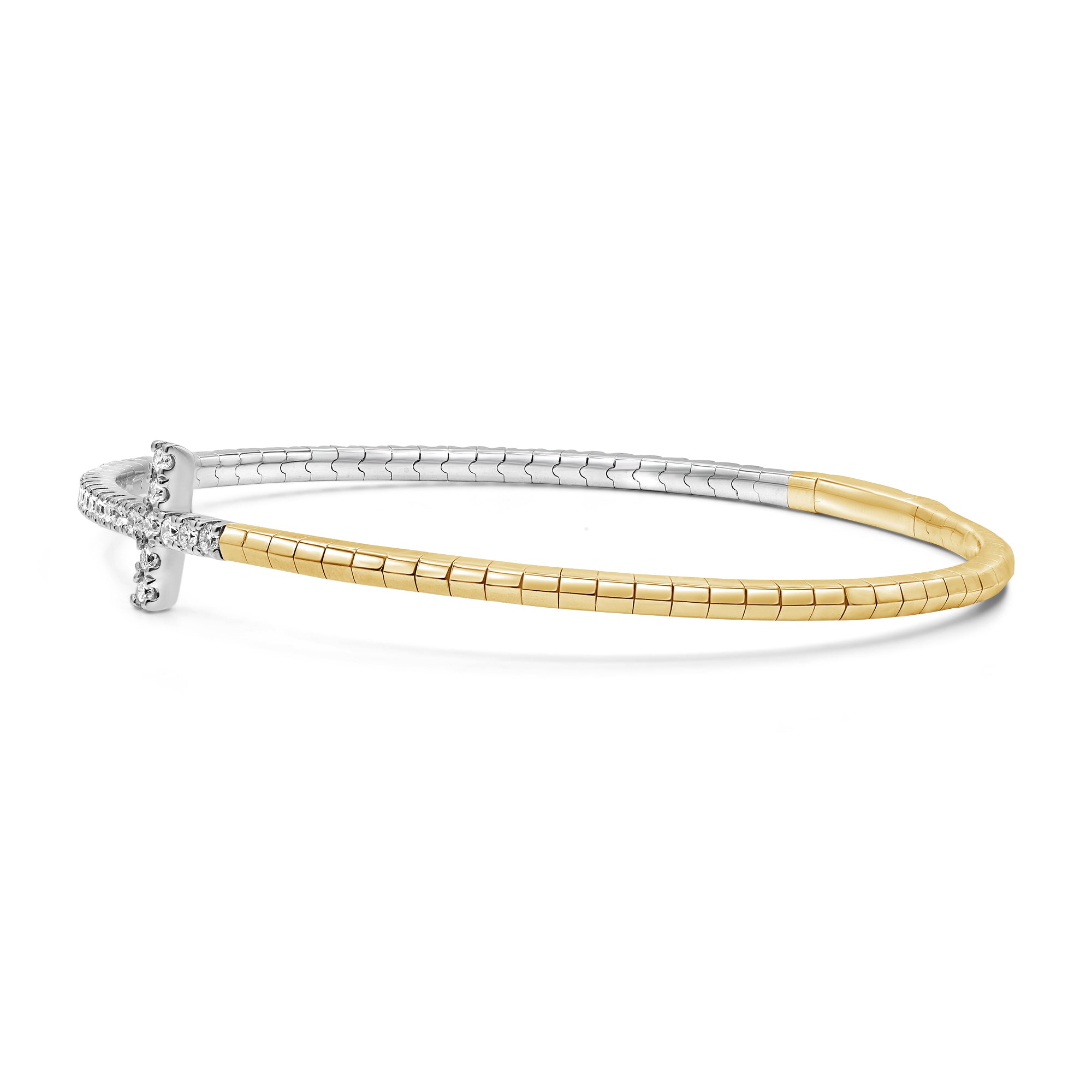 Diamond cross flexible bangle in 14K two-tone gold featuring round brilliant lab grown diamonds in a modern, meaningful design.