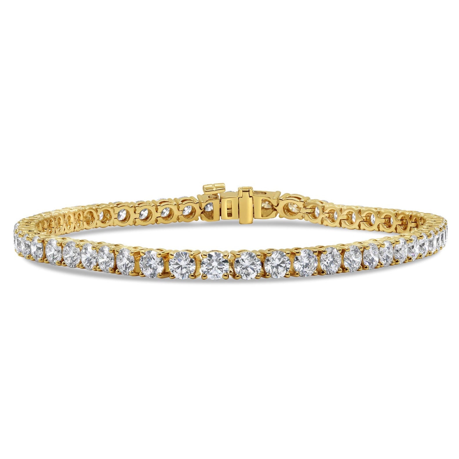 Lab grown round cut diamond tennis bracelet in 14K yellow gold featuring round brilliant diamonds in a classic tennis design.