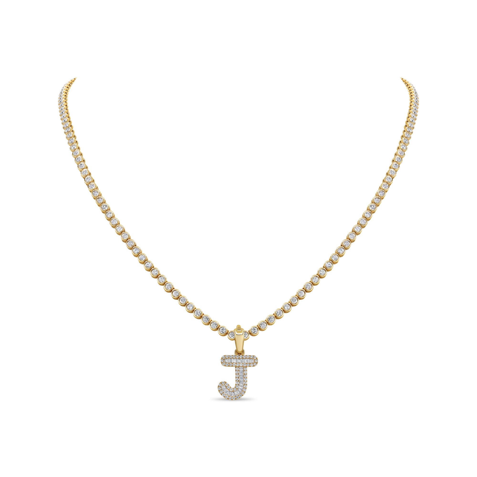 Round diamond bezel-set tennis necklace in 14K gold featuring round brilliant diamonds in a smooth, modern bezel design.