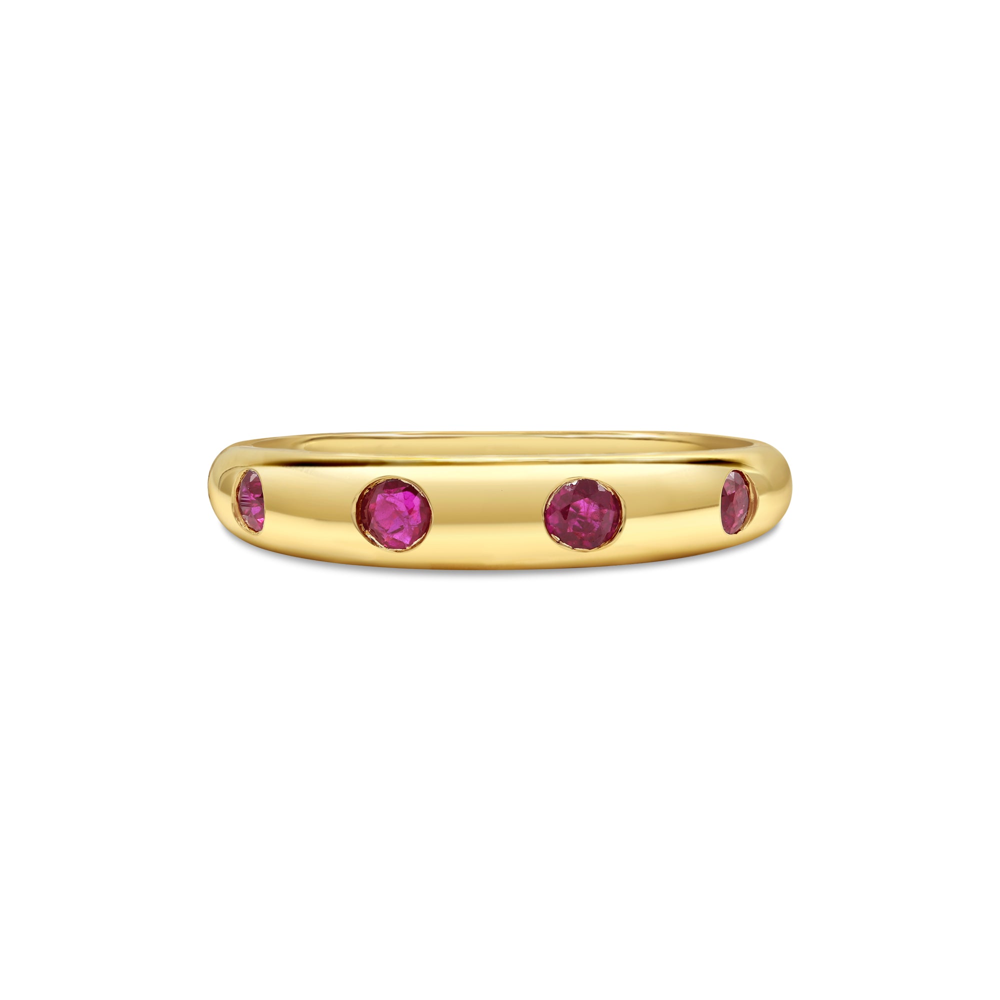 14K gold dome ring featuring four round rubies in a smooth flush-set inlay design.