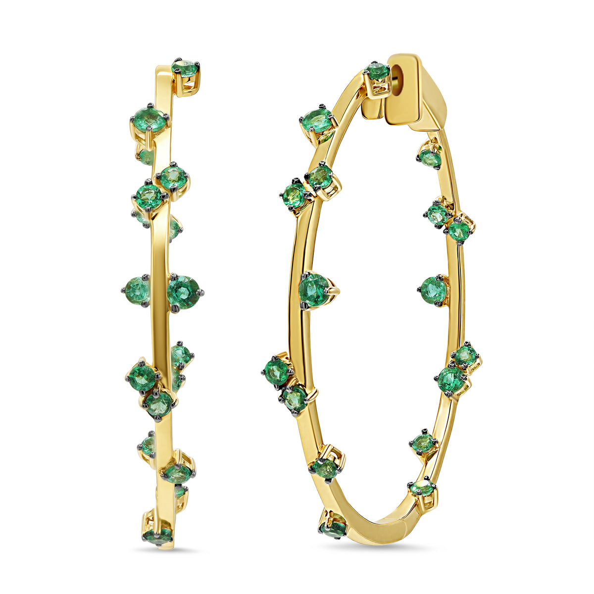 14K gold hoop earrings featuring 34 emerald-cut green emeralds totaling 1.29 CTW in a sleek, continuous design.