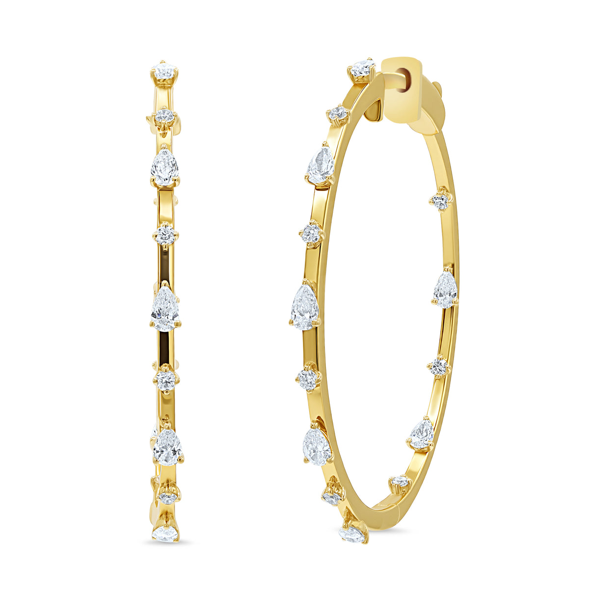 14K gold hoop earrings featuring 14 pear-shaped diamonds and 14 round diamonds totaling 1.22 CTW.