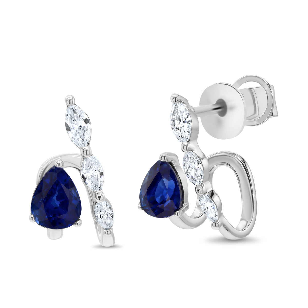 14K gold drop earrings with pear-shaped sapphires and marquise-cut diamond accents.