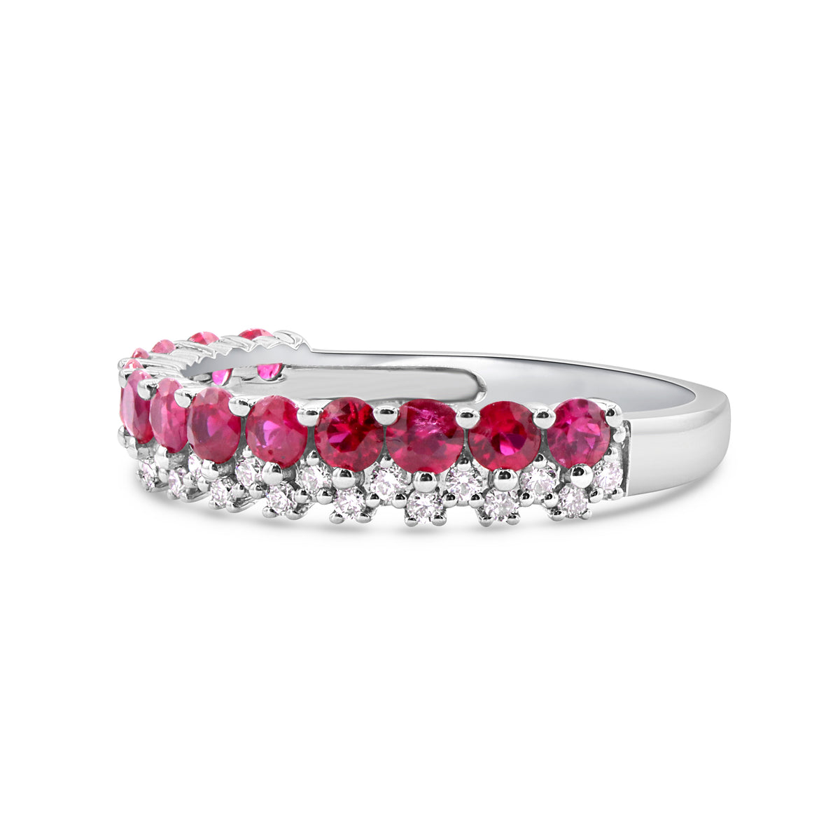 14K white gold two row ruby and diamond ring featuring rich rubies and sparkling round diamonds.