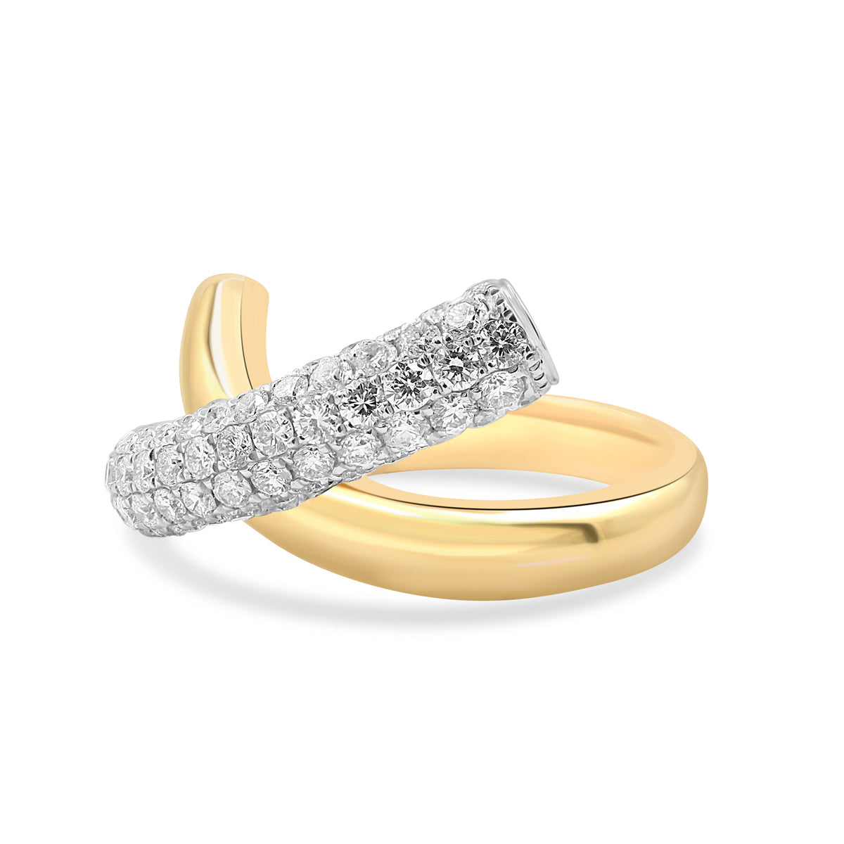 18K gold diamond crossover ring with 95 brilliant round diamonds totaling 1.65 carats.