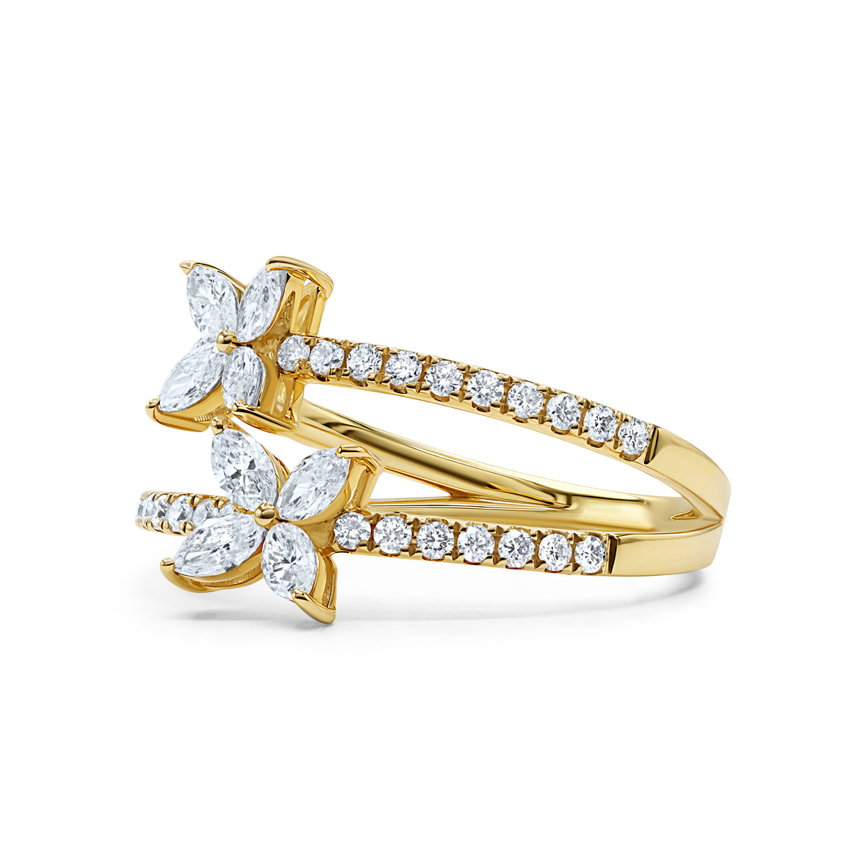 18K gold butterfly ring with marquise diamond wings and round diamond accents.