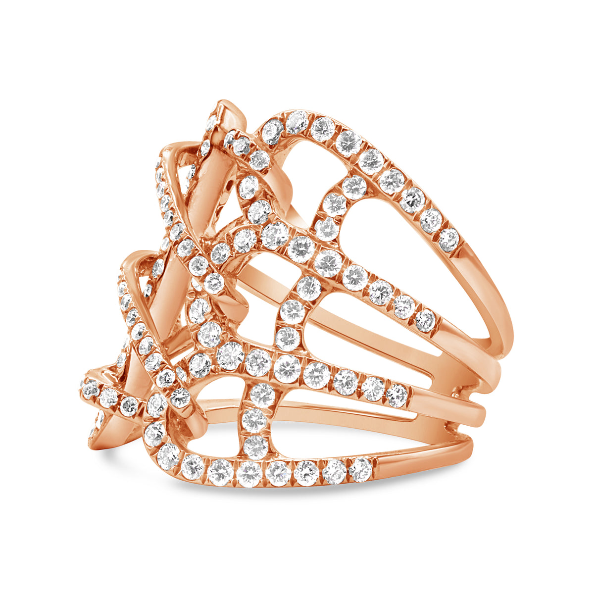 18K rose gold corset ring with 1.45 carats of round brilliant diamonds.