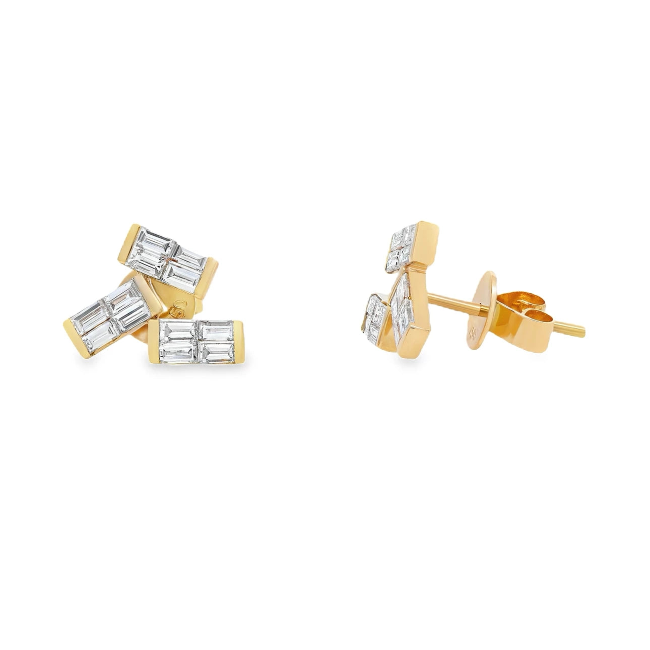 18K yellow and white gold earrings featuring stacked baguette diamonds with G-H color SI clarity for a modern look.