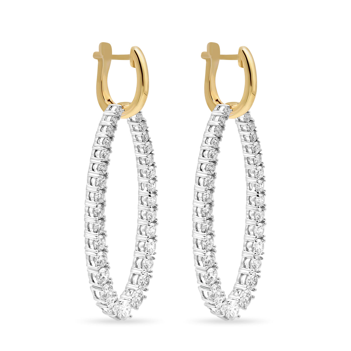 18K two-tone gold double hoop earrings with 3.60 carats of brilliant round diamonds.