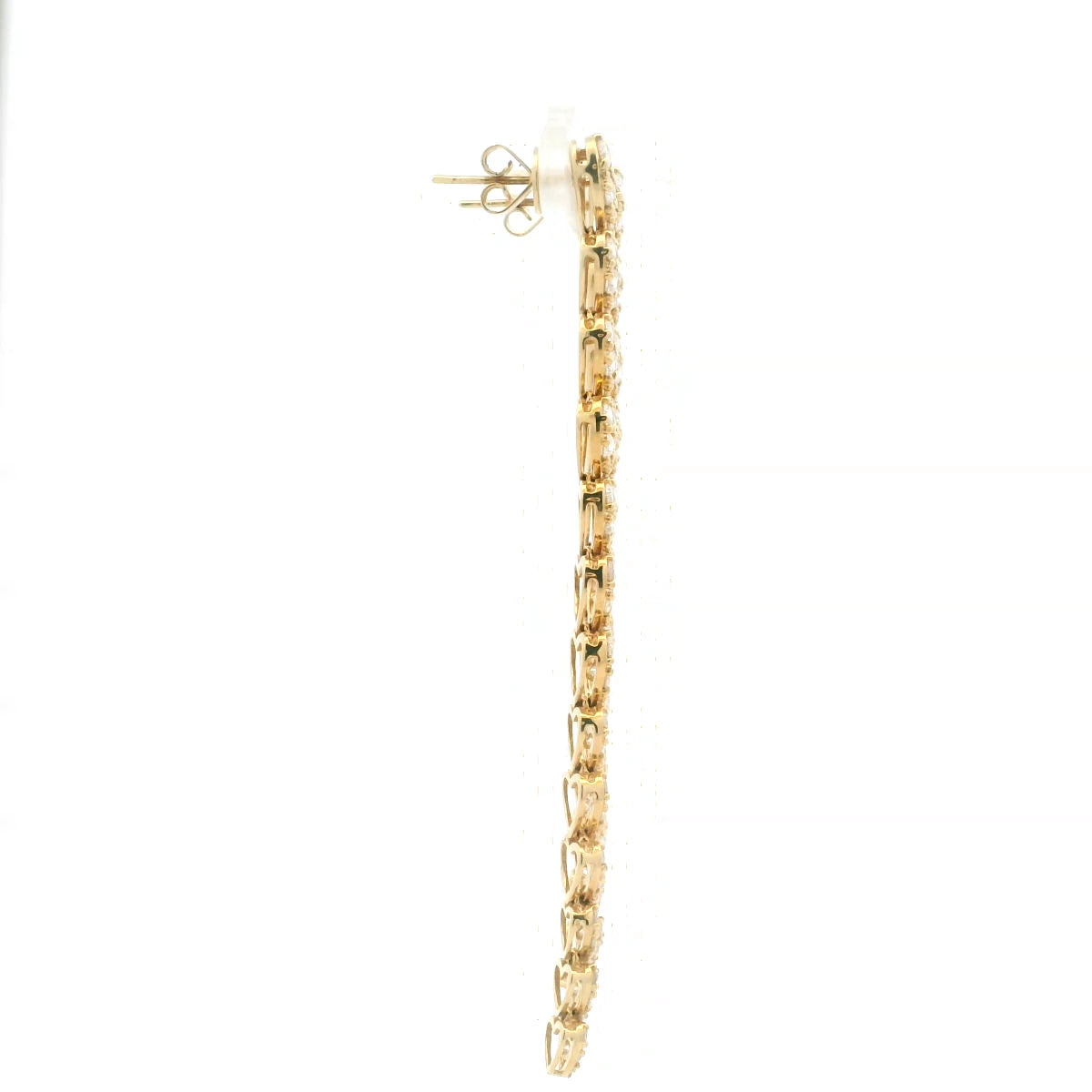 18K yellow gold heart diamond drop earrings featuring heart-shaped diamonds in a long, elegant drop design.