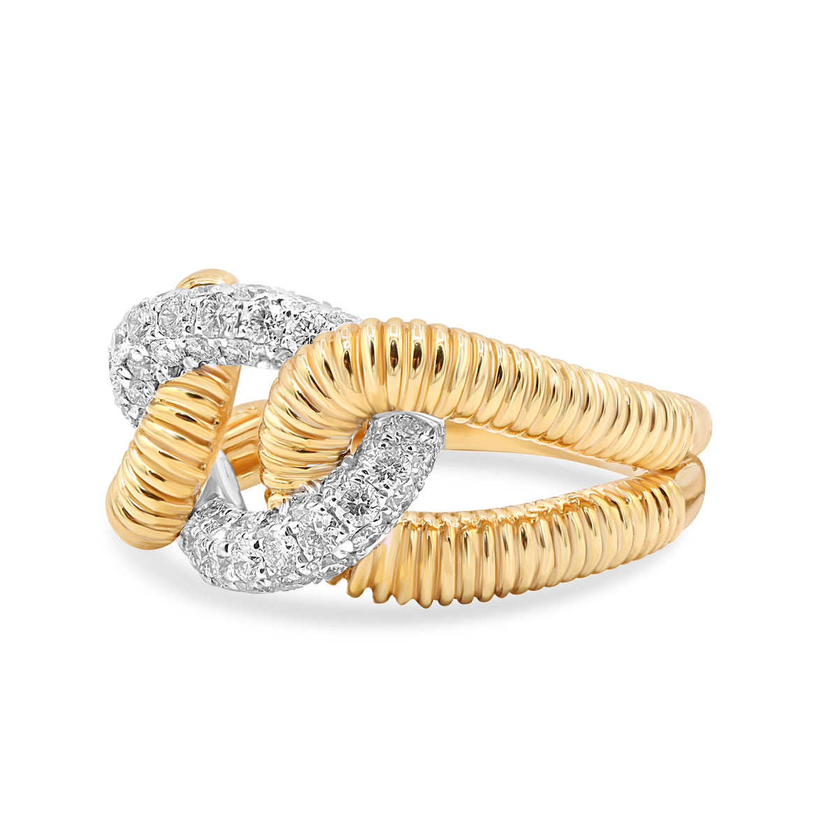 18K yellow and white gold chain link diamond ring with 1.08 carats of round brilliant diamonds.