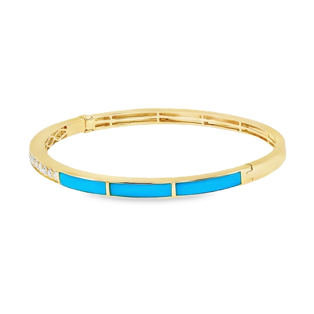 18K yellow and white gold diamond bangle with vibrant turquoise inlays.