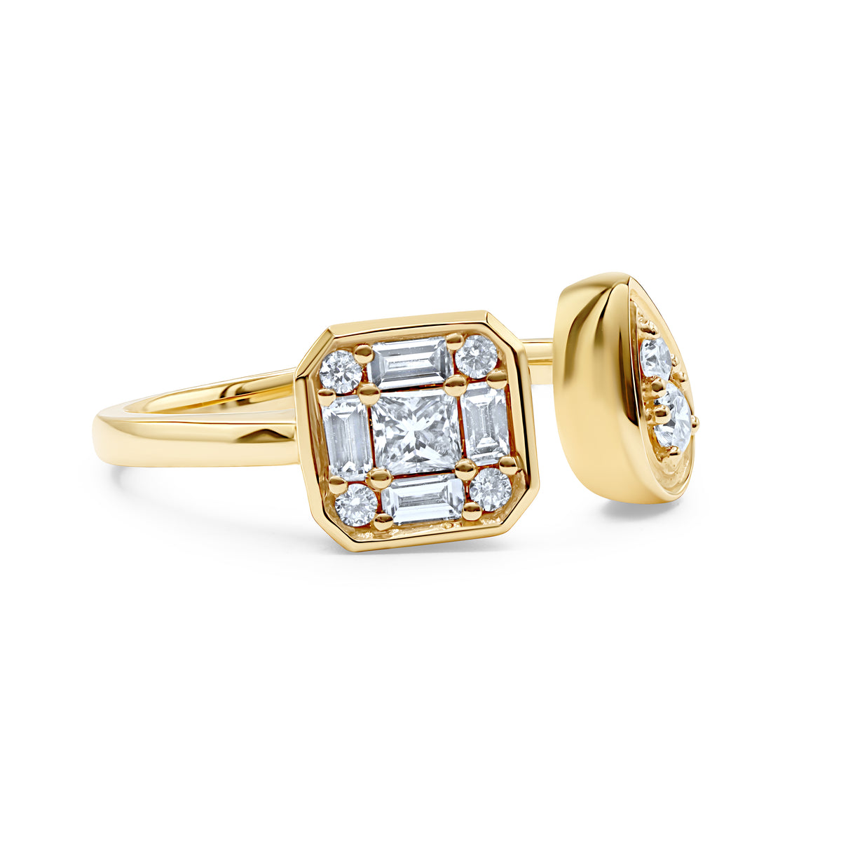 Illusion pear diamond moi et toi ring crafted in 18K gold with baguette and round diamond accents.