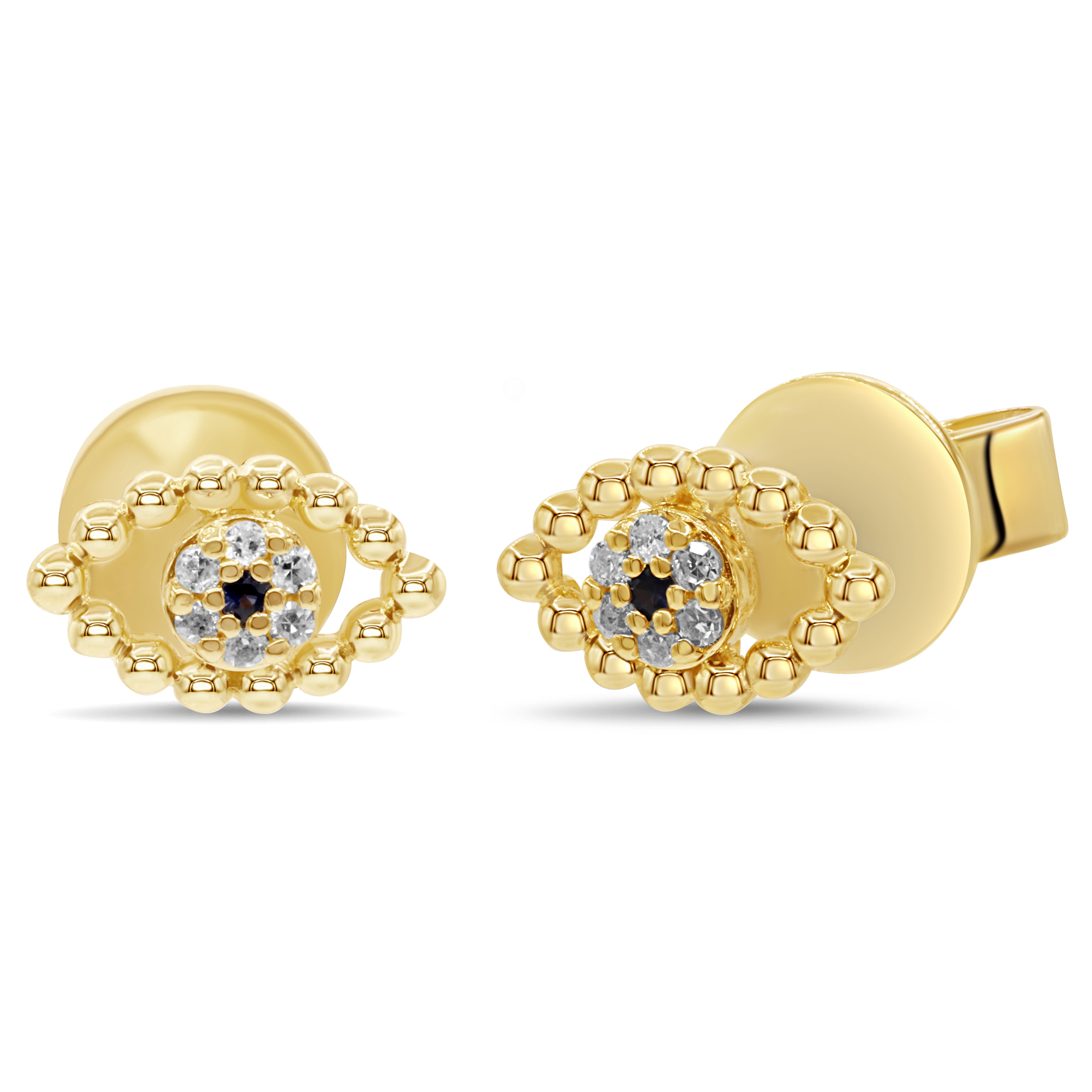 14K gold evil eye stud earrings featuring blue sapphires and diamond cluster detailing.