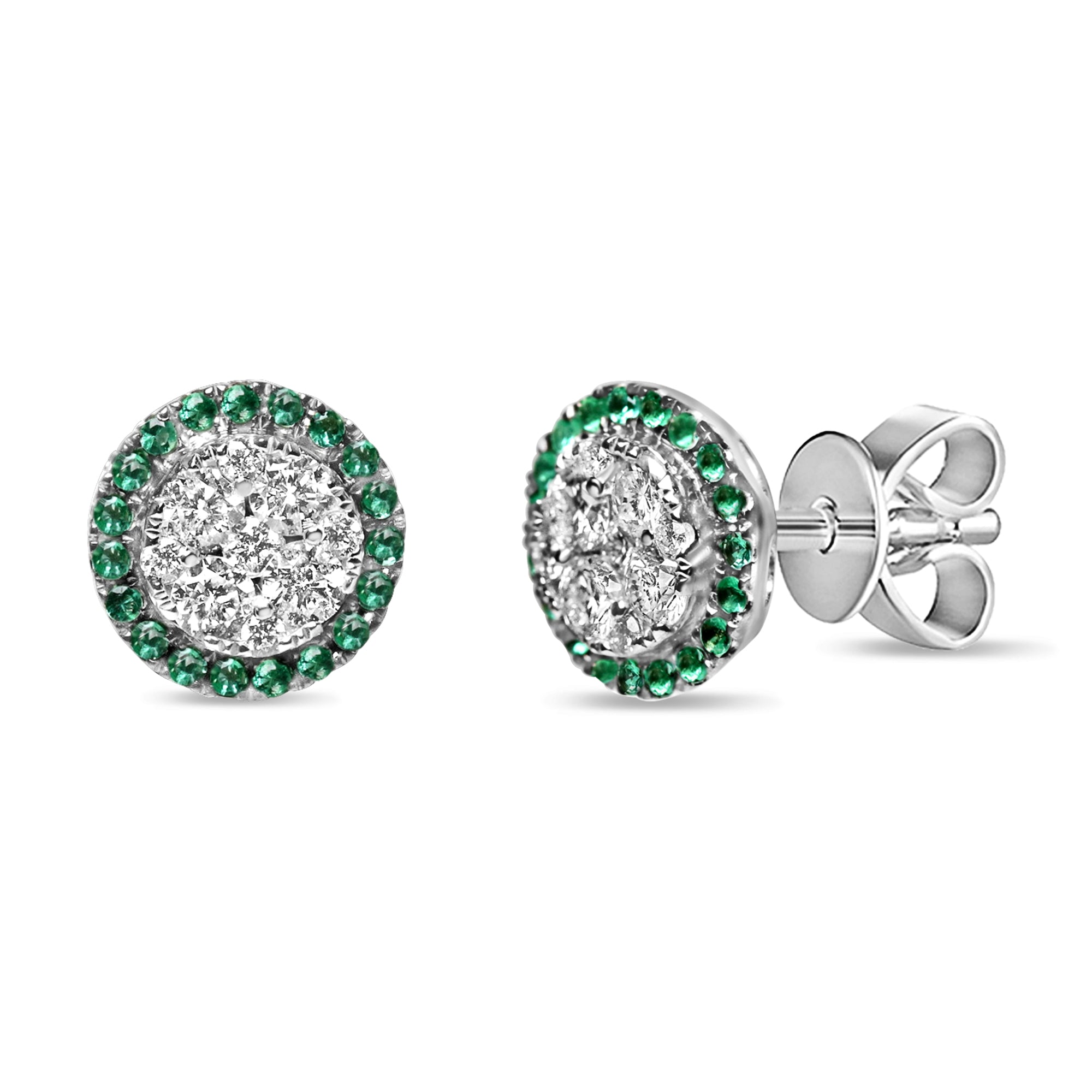Diamond and green emerald cluster earrings in 14K white gold featuring round diamonds and vibrant emerald accents in a classic cluster design.