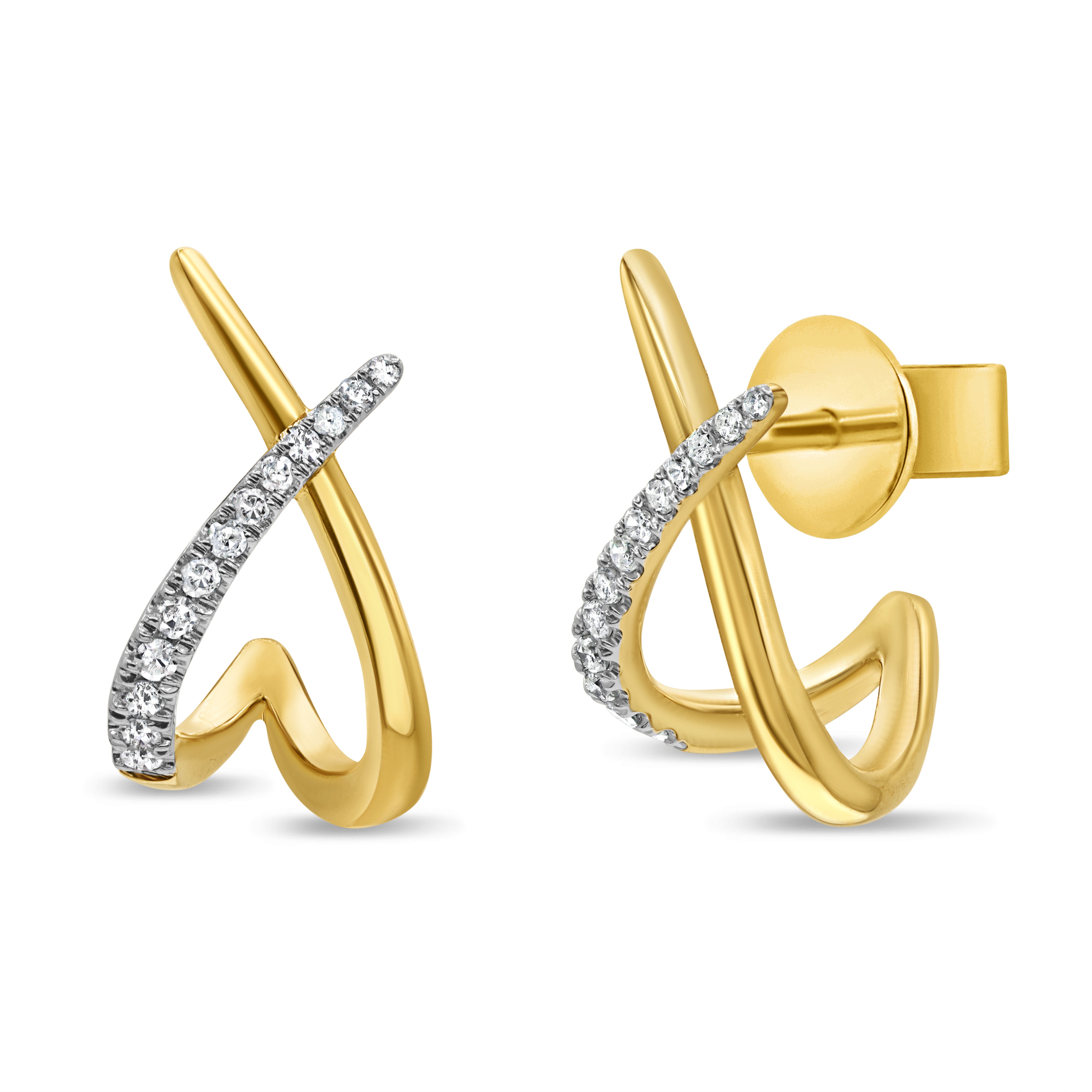 Diamond X hoop earrings in 14K yellow gold featuring round brilliant diamonds in a modern crossover design.