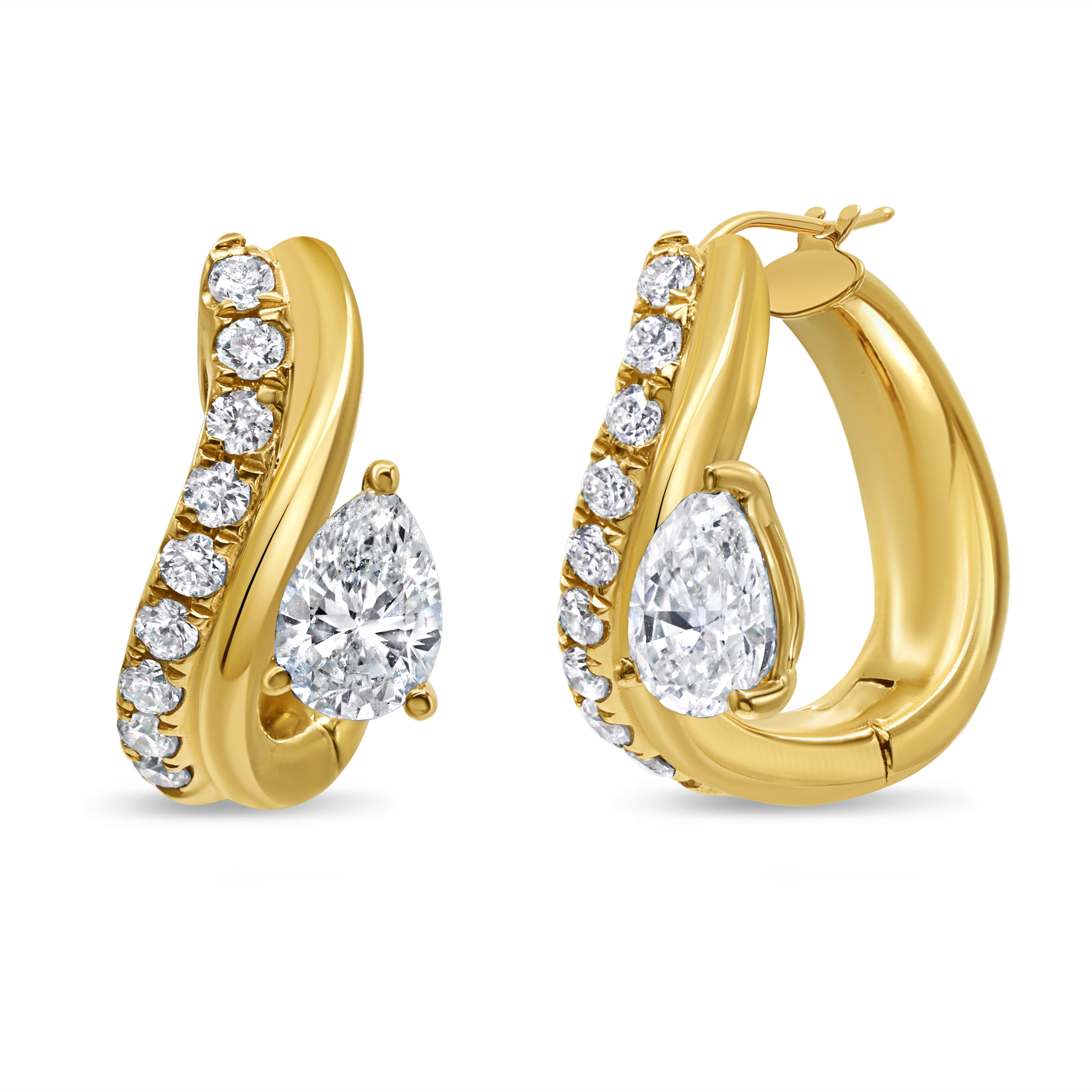 Fancy diamond huggie earrings in 18K yellow gold featuring pear-shaped diamonds and round brilliant diamond accents in a modern, elegant design.