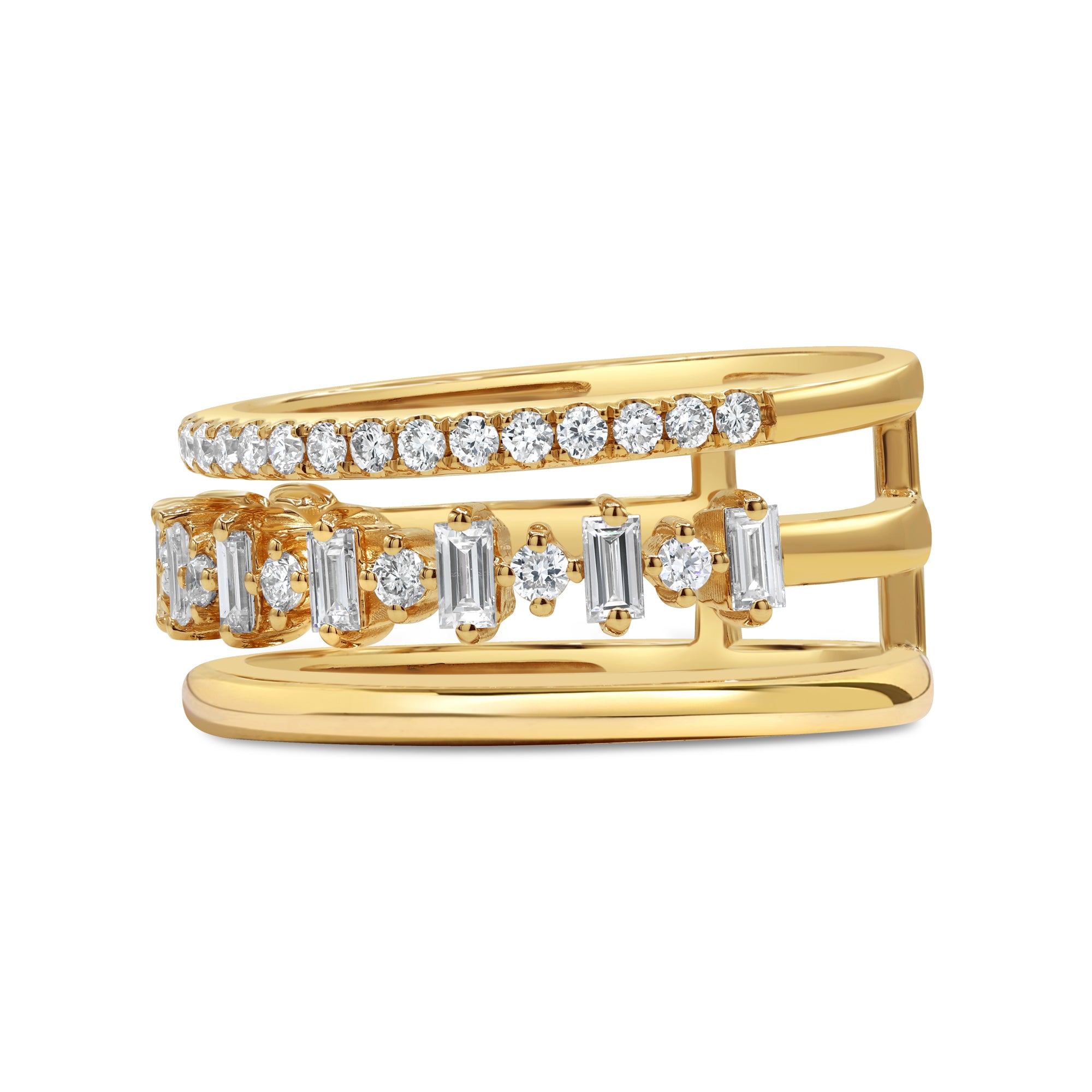 Floating baguette and round diamond ring in 14K yellow gold featuring alternating diamond rows in a modern architectural design.
