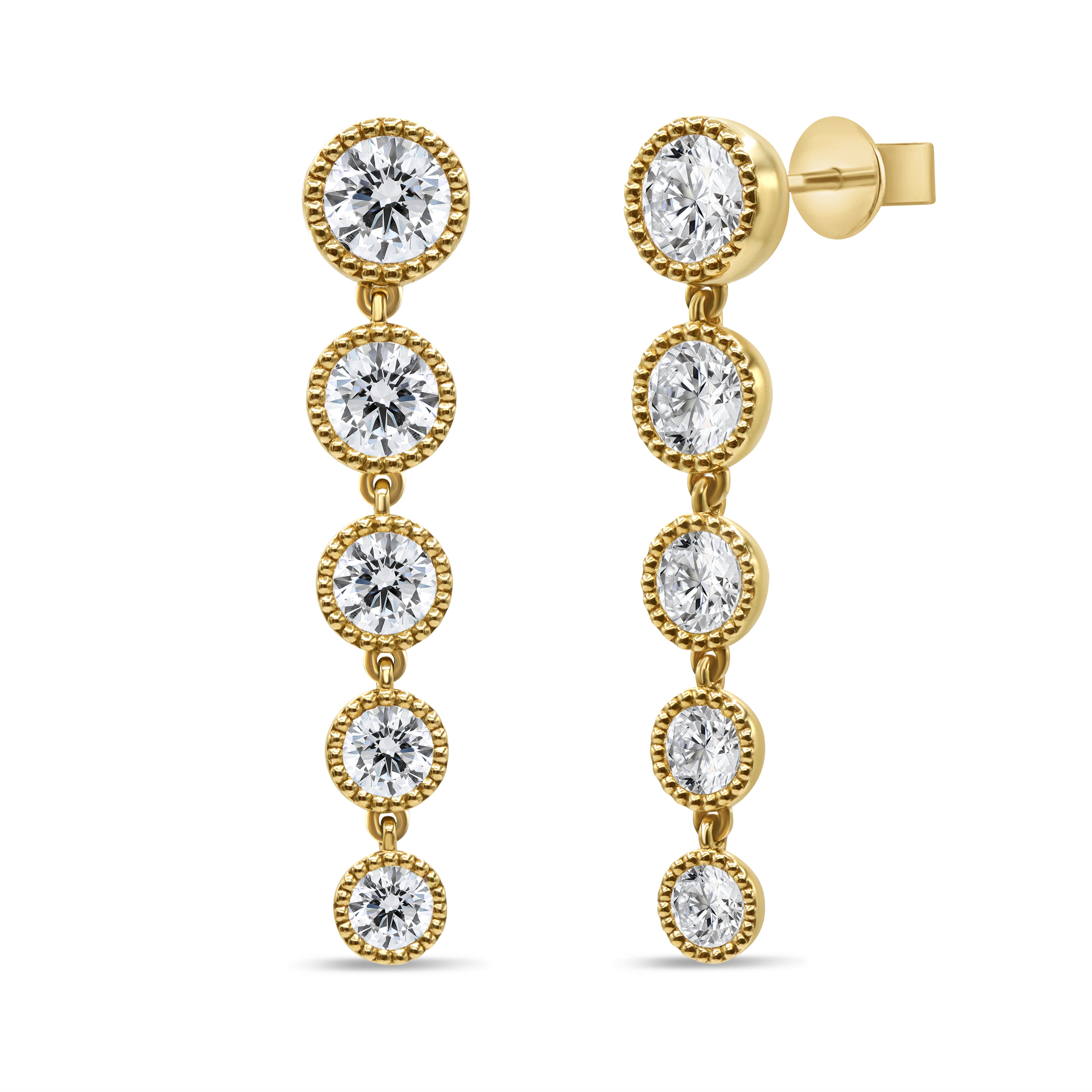 Graduated bezel diamond drop earrings in 14K yellow gold featuring lab-grown round diamonds with milgrain detailing in an elegant design.