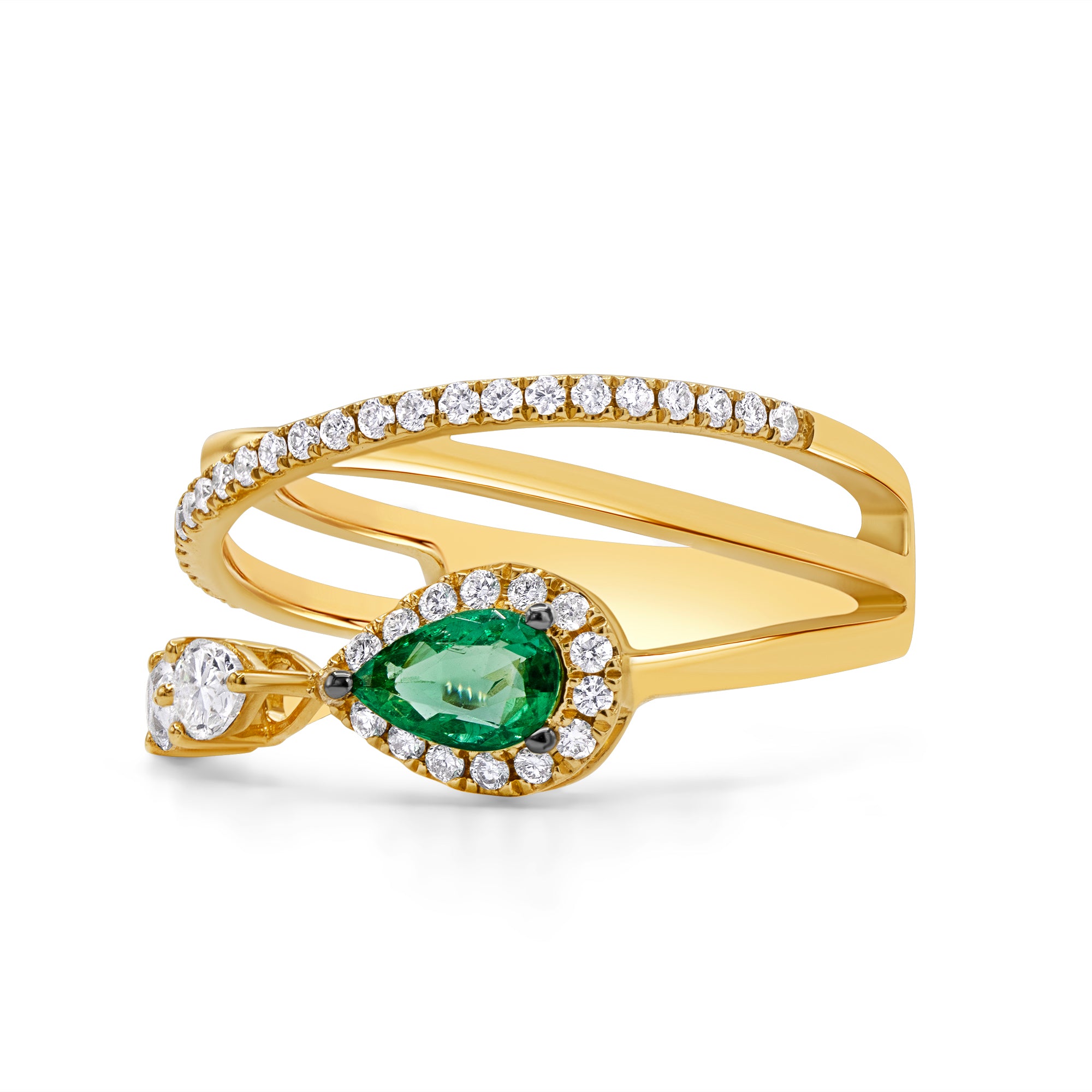 Green emerald and diamond X ring in 14K gold featuring a pear-shaped emerald with pear and round diamond accents in a bold crossover design.