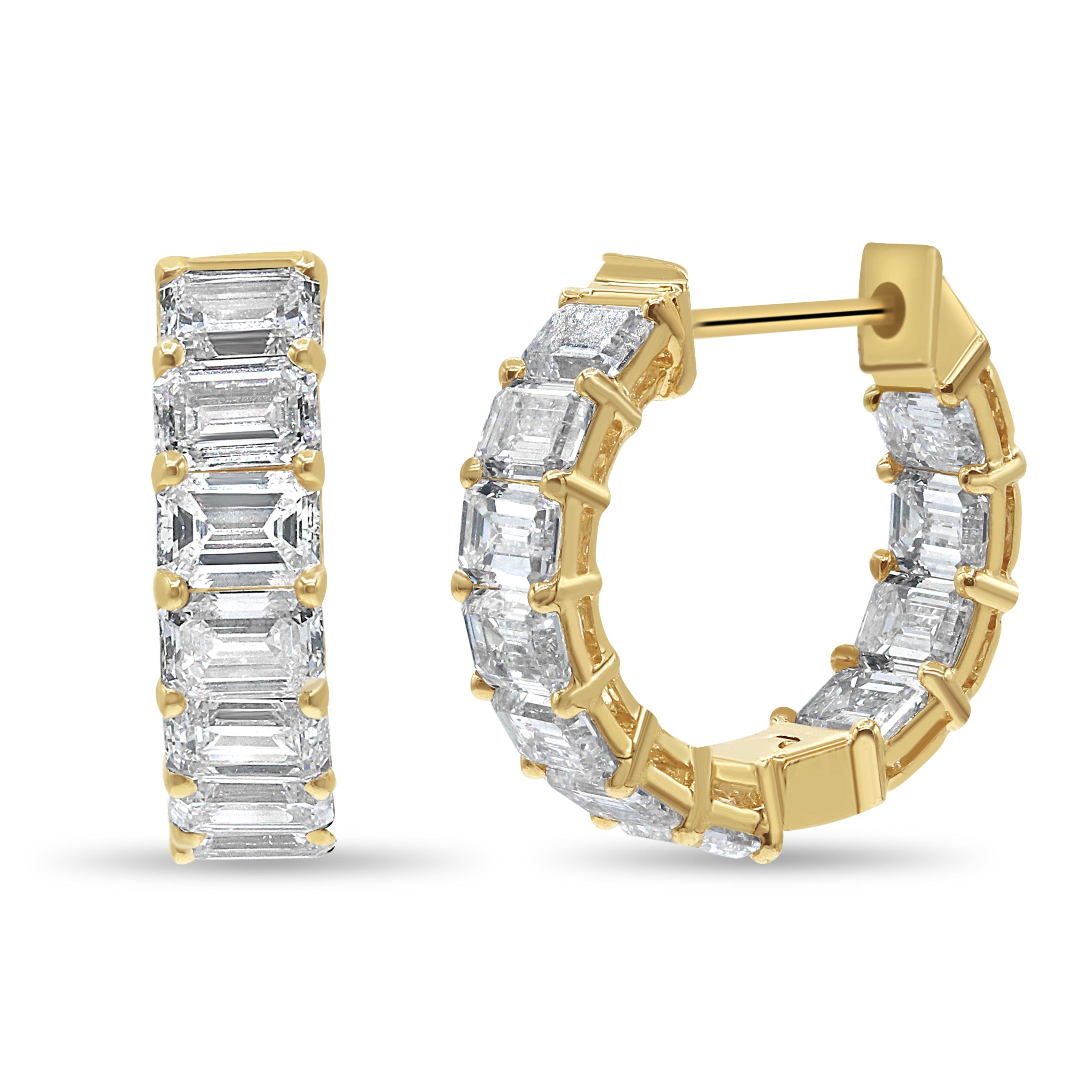 Lab grown mini emerald cut diamond huggie earrings in 14K yellow gold featuring emerald cut diamonds in a sleek, modern design.