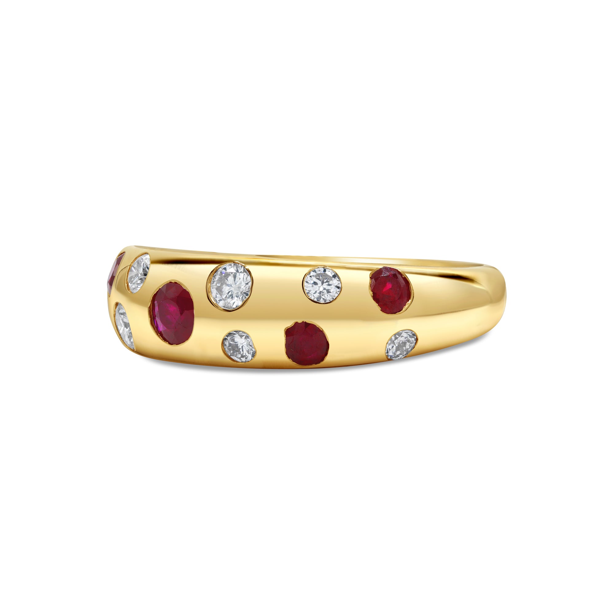 Ruby and diamond inlay dome ring in 14K gold featuring scattered round diamonds and natural rubies in a bold, modern design.