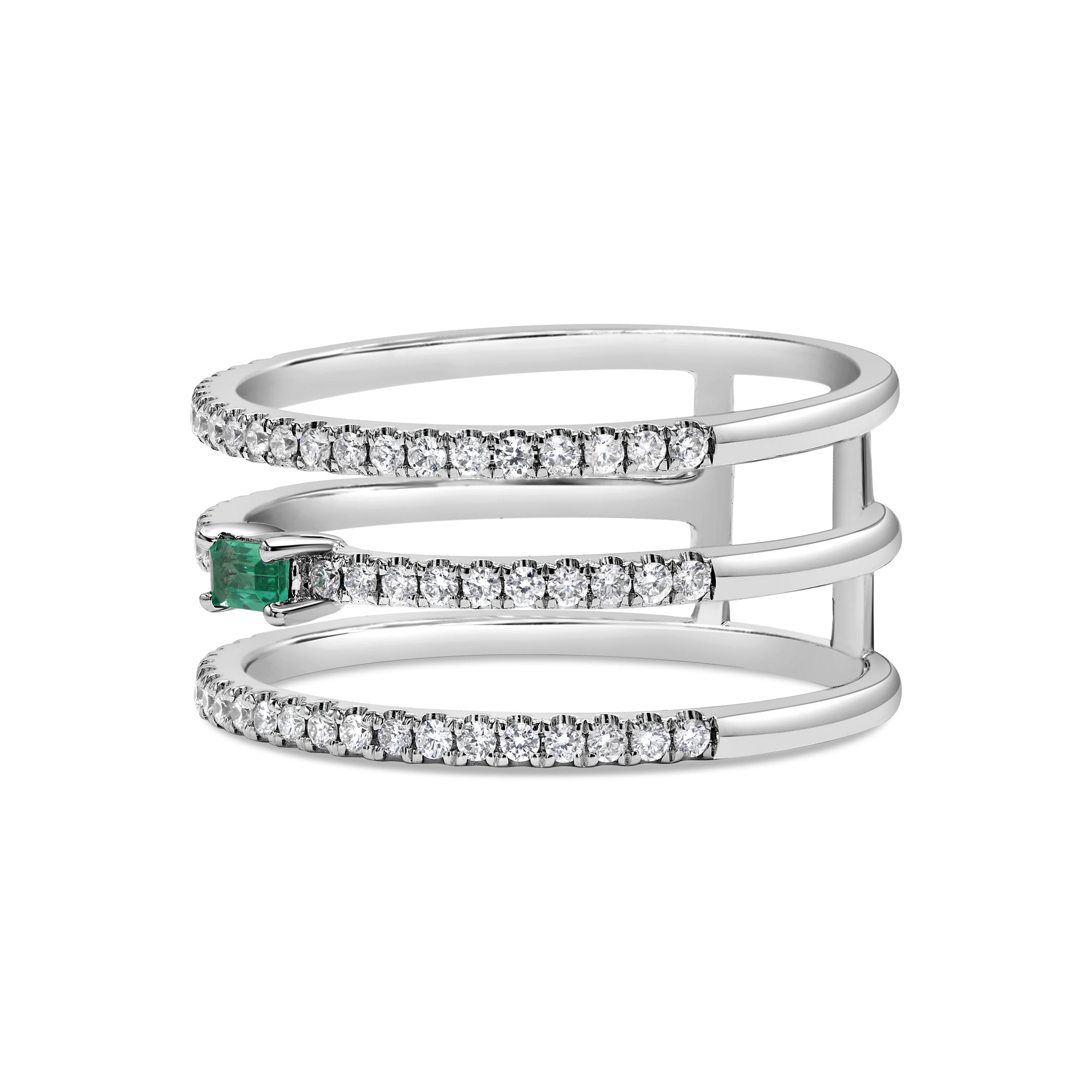 Three row emerald and diamond ring in 14K gold featuring a center emerald accent with round brilliant diamonds in a bold, modern design.