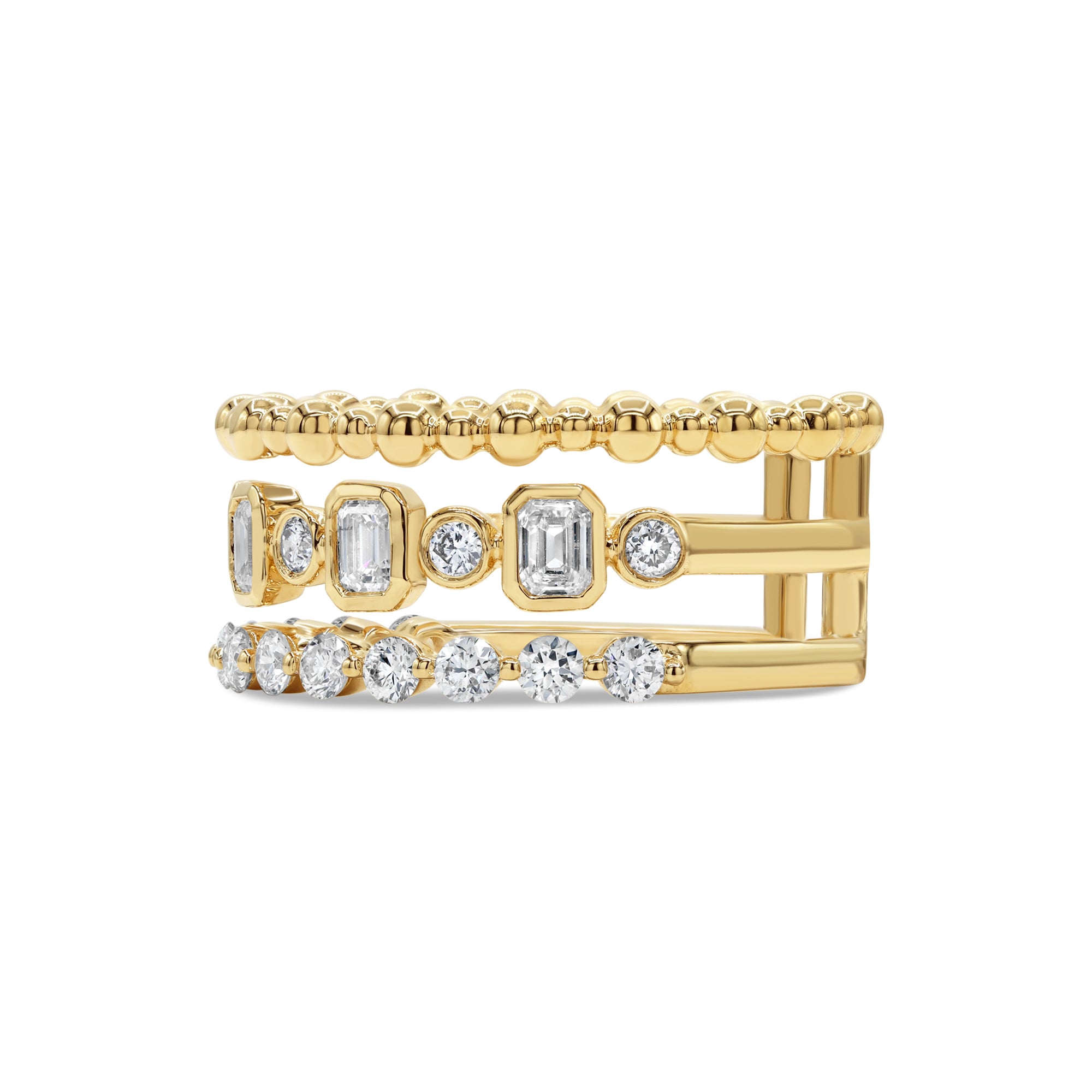 Three row emerald cut and round diamond ring in 14K yellow gold featuring bezel and prong-set diamonds in a bold, architectural design.
