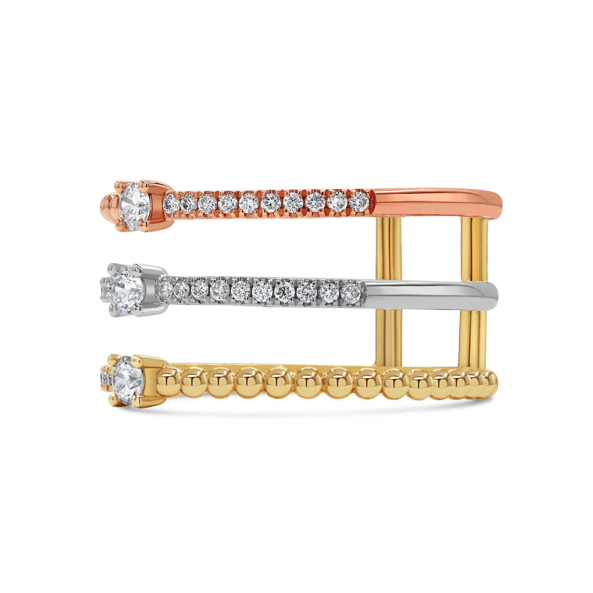 Tri-color gold diamond row ring in 14K yellow, white, and rose gold featuring three connected rows of round diamonds in a modern design.